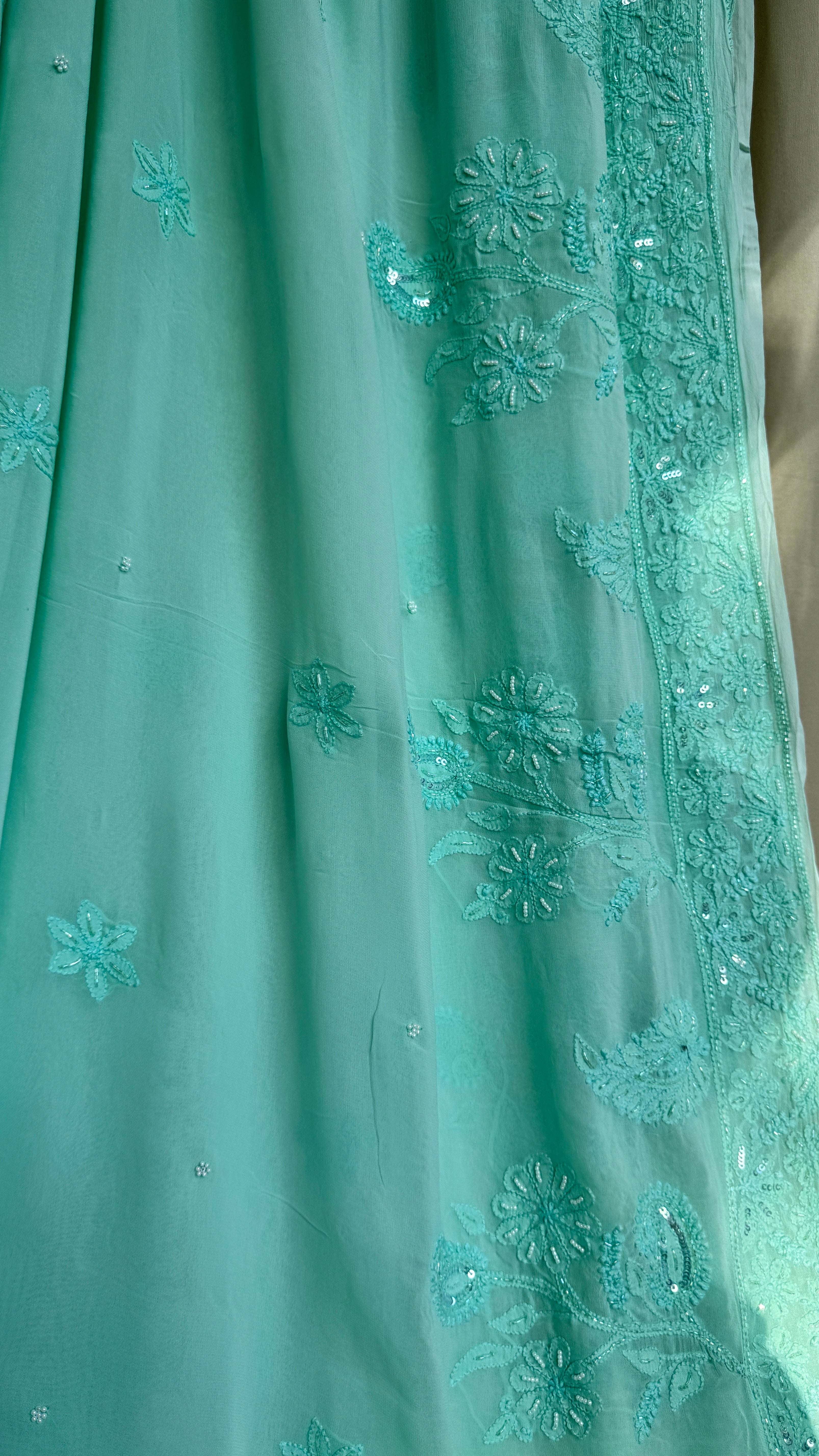 Chikankari saree with Pearl embellishments-Green- Ariaa Chikankari