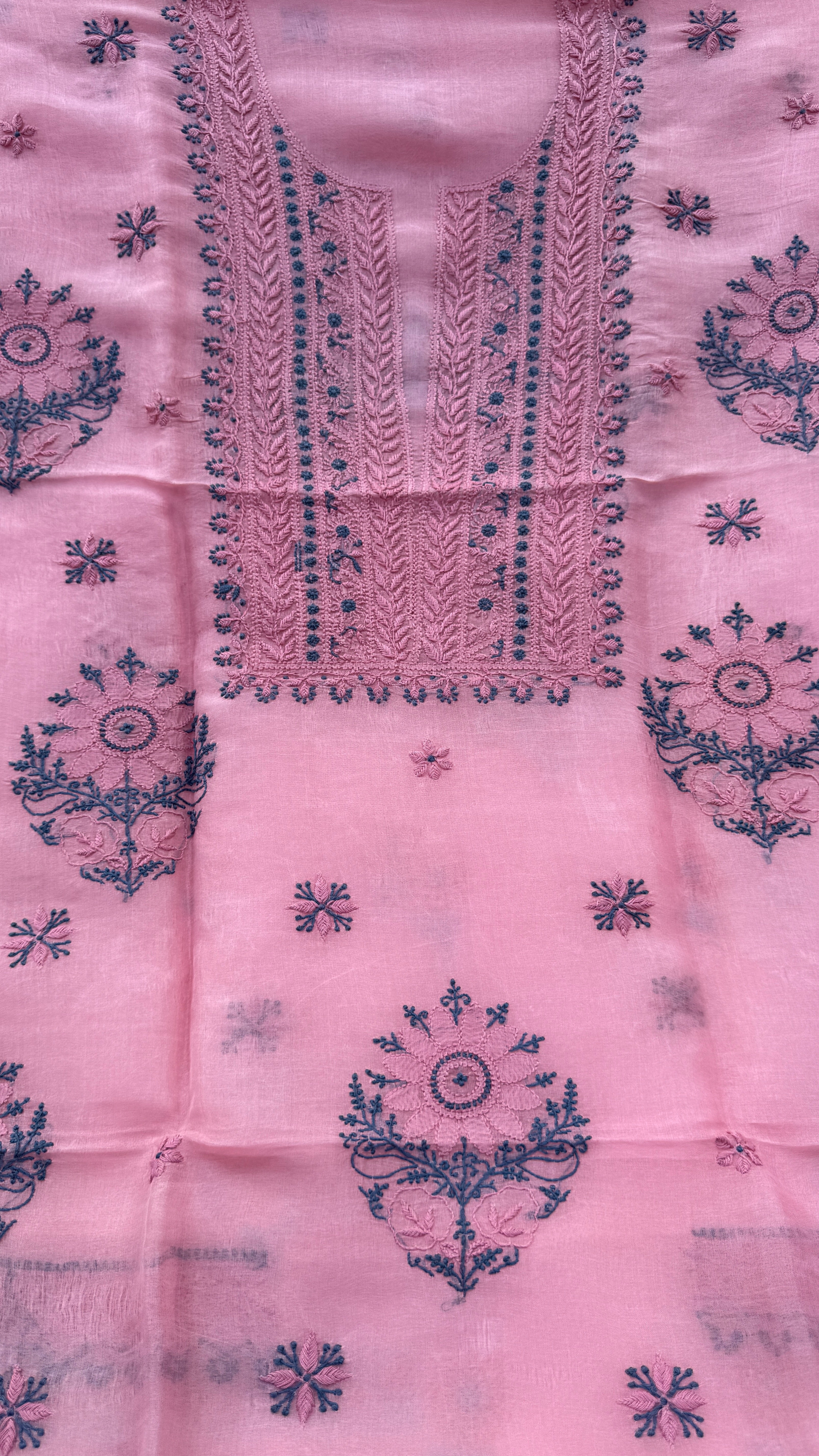 Pure Organza Lucknow Chikankari Unstitched Suit Set - Pink multi-color