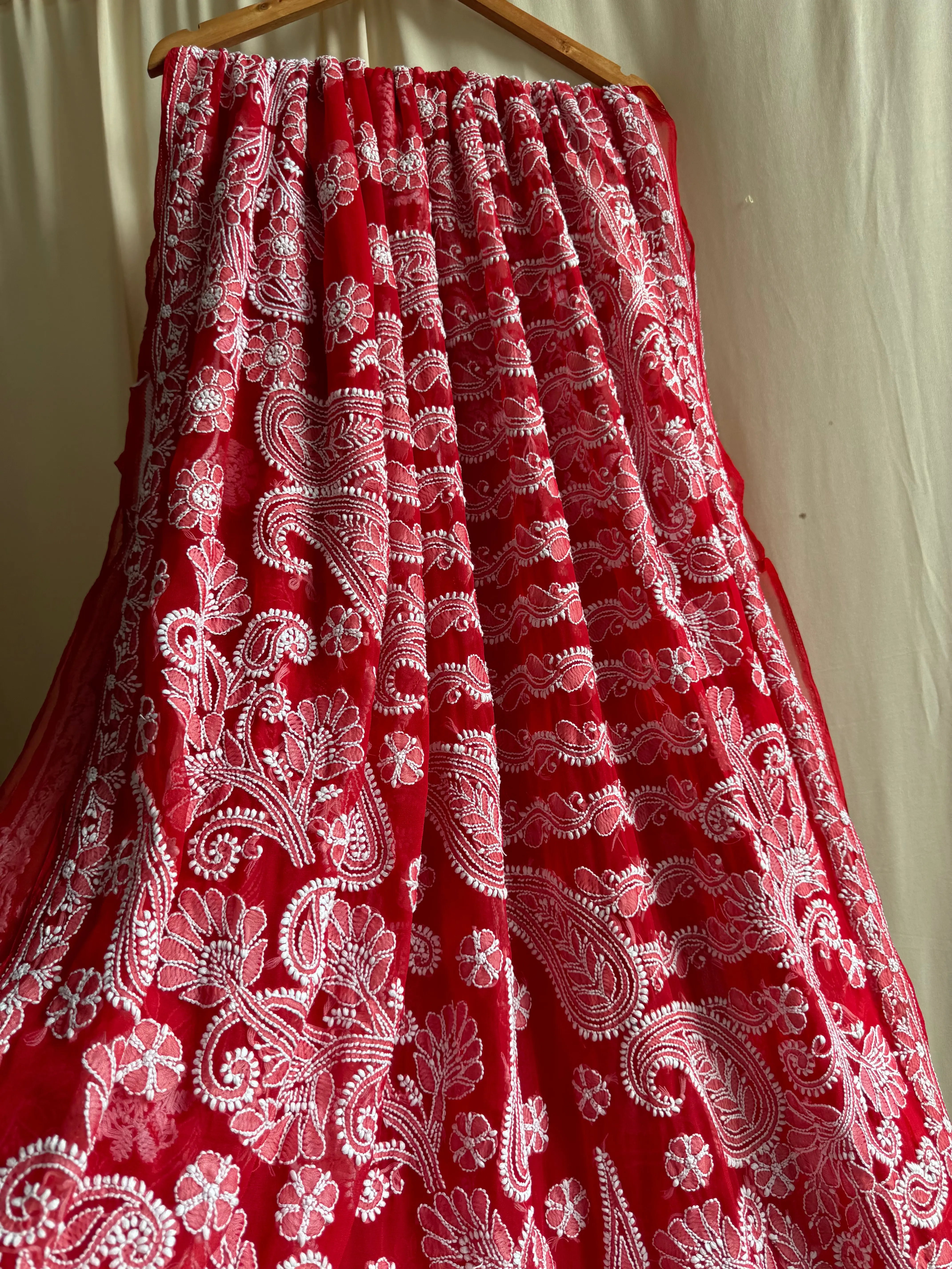 Georgette Chikankari saree in Red ARIAA CHIKANKARI
