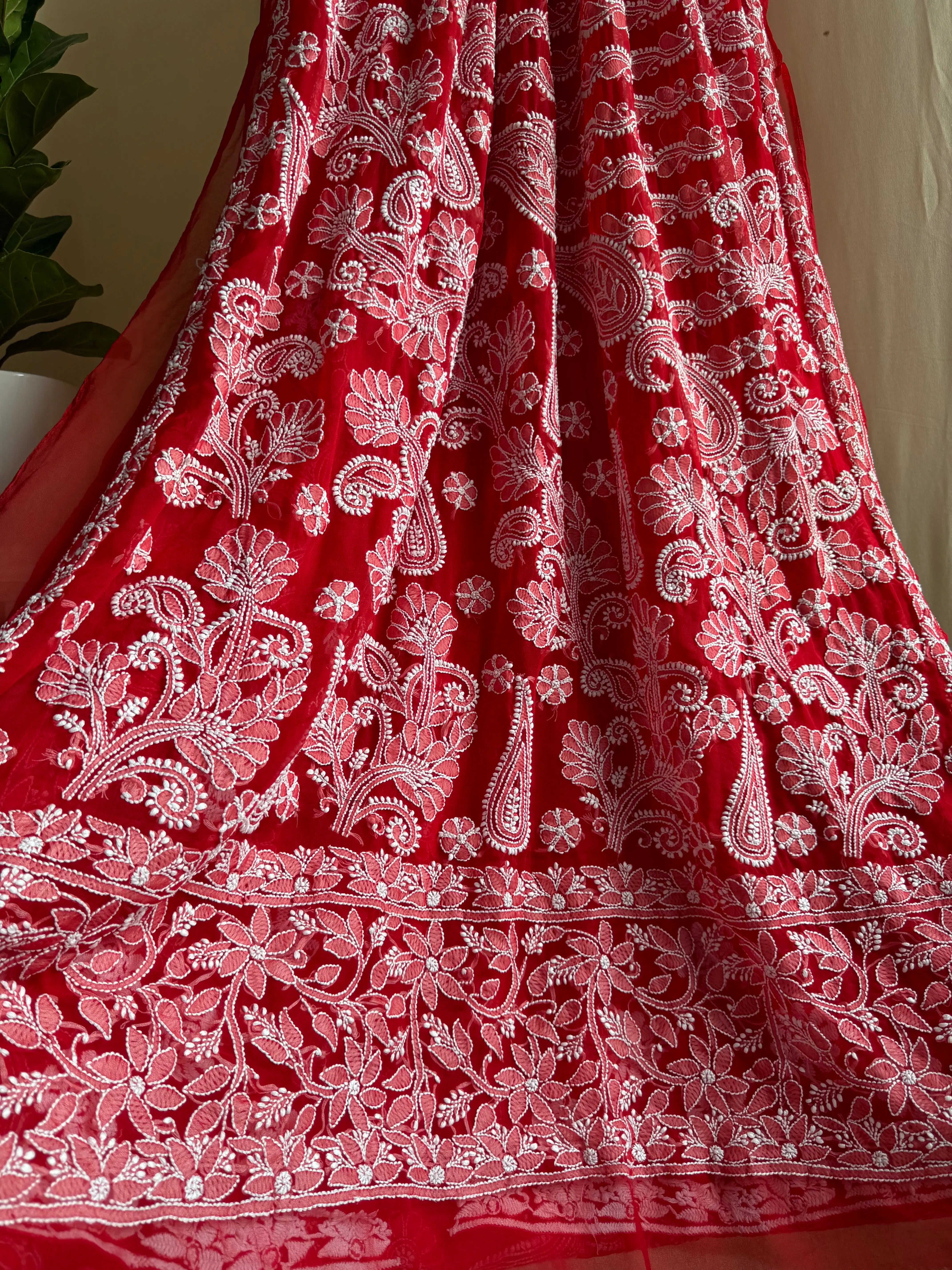 Georgette Chikankari saree in Red ARIAA CHIKANKARI