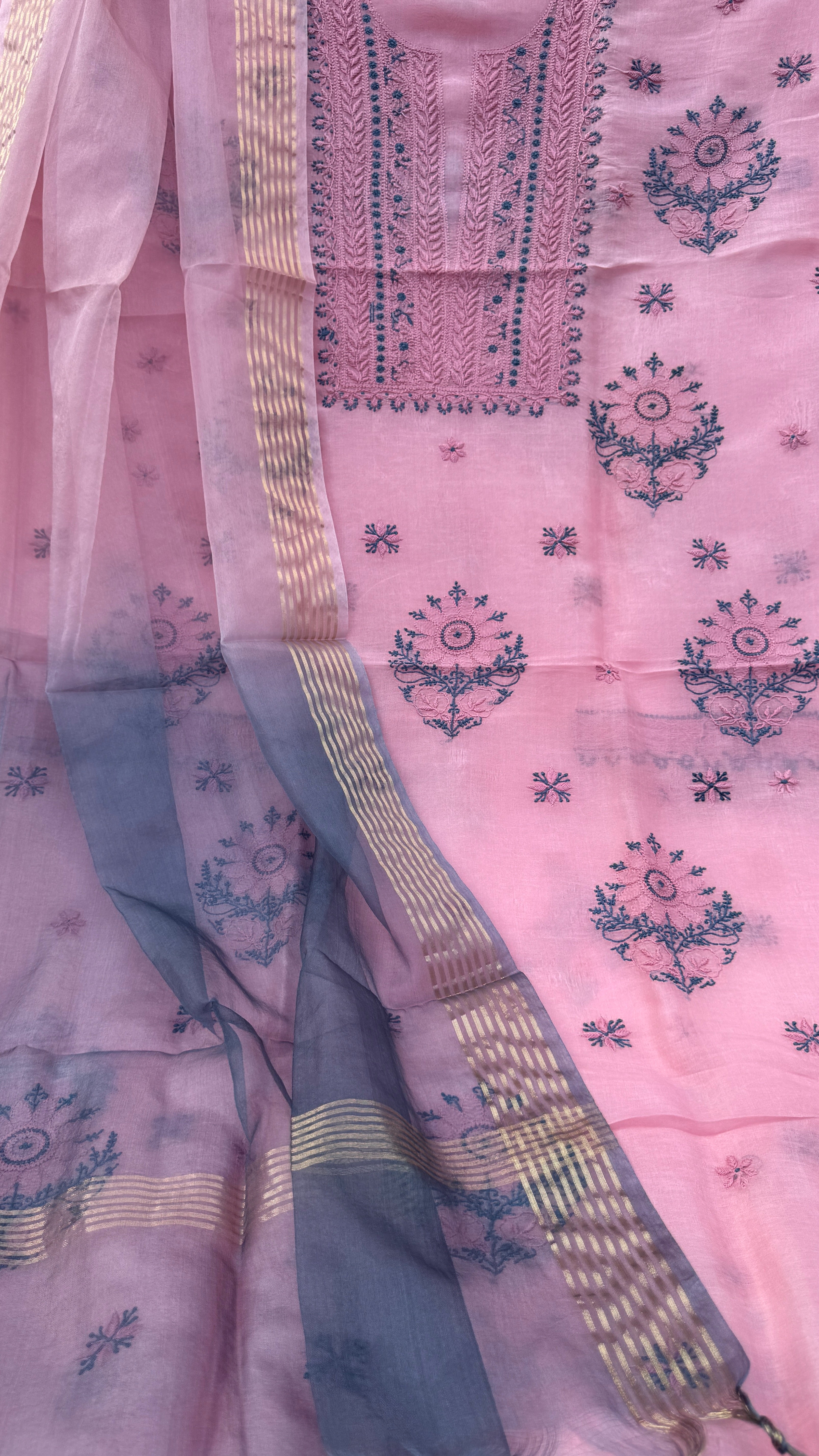 Pure Organza Lucknow Chikankari Unstitched Suit Set - Pink multi-color