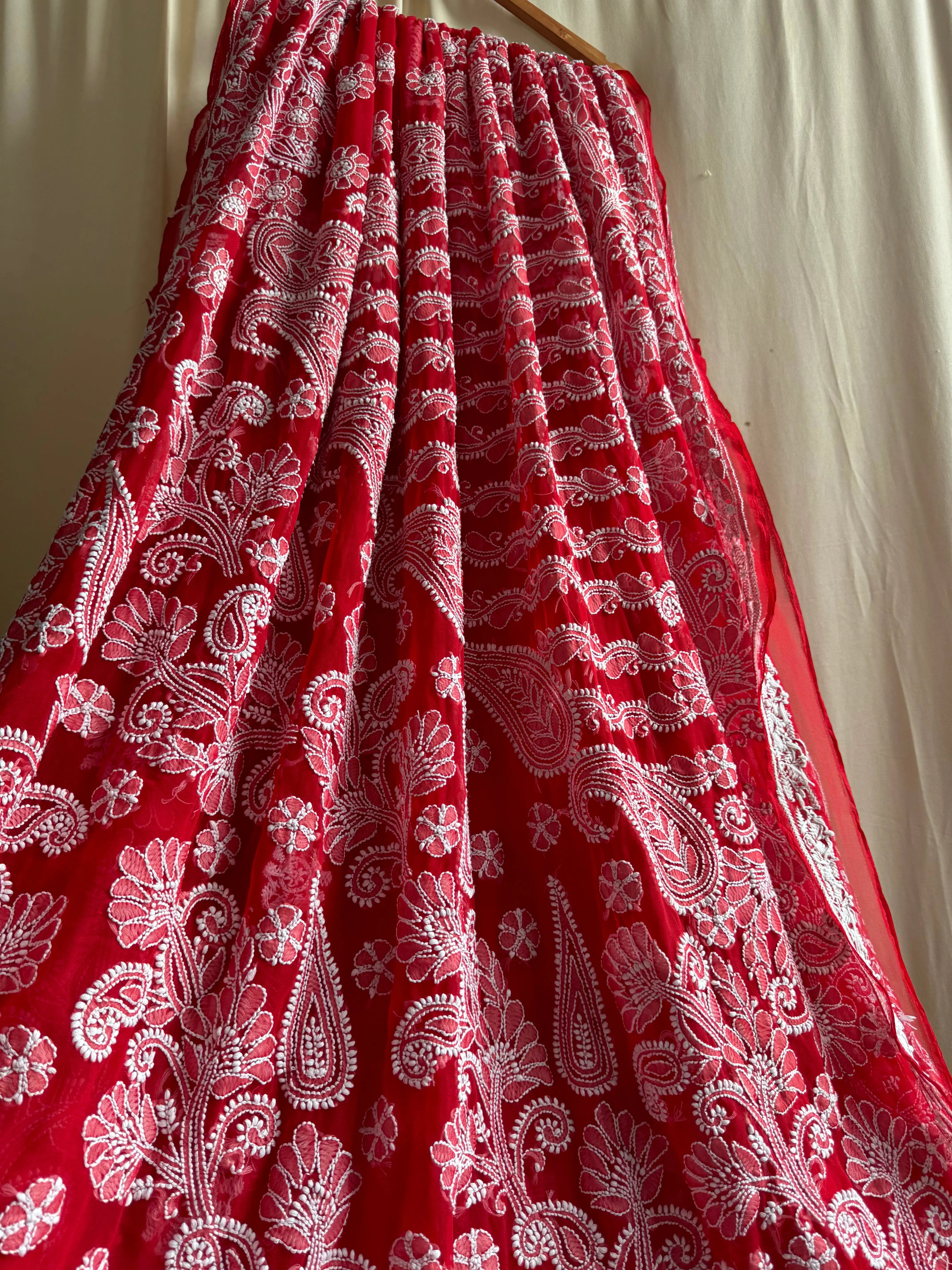 Georgette Chikankari saree in Red ARIAA CHIKANKARI