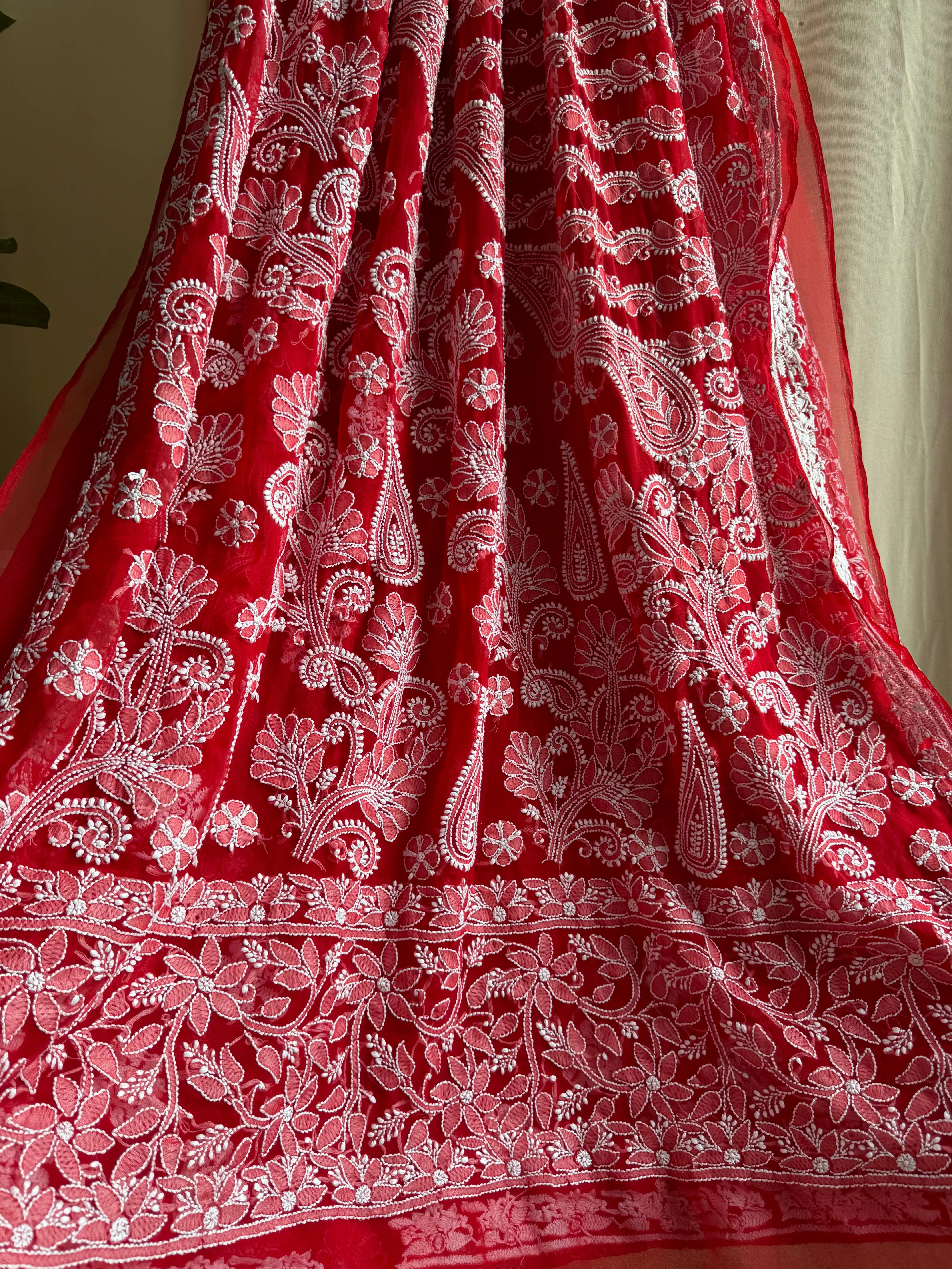Georgette Chikankari saree in Red ARIAA CHIKANKARI