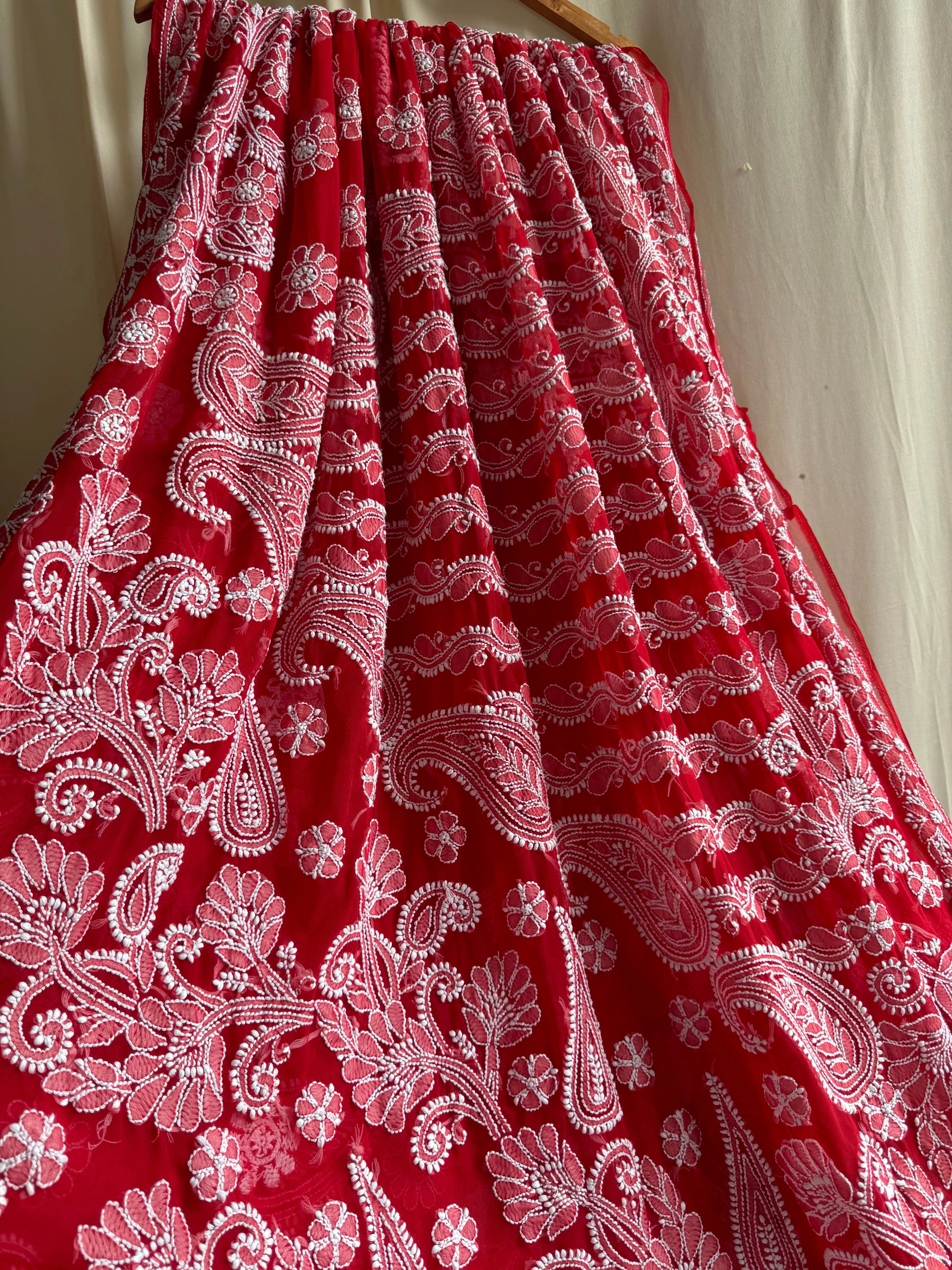 Georgette Chikankari saree in Red ARIAA CHIKANKARI