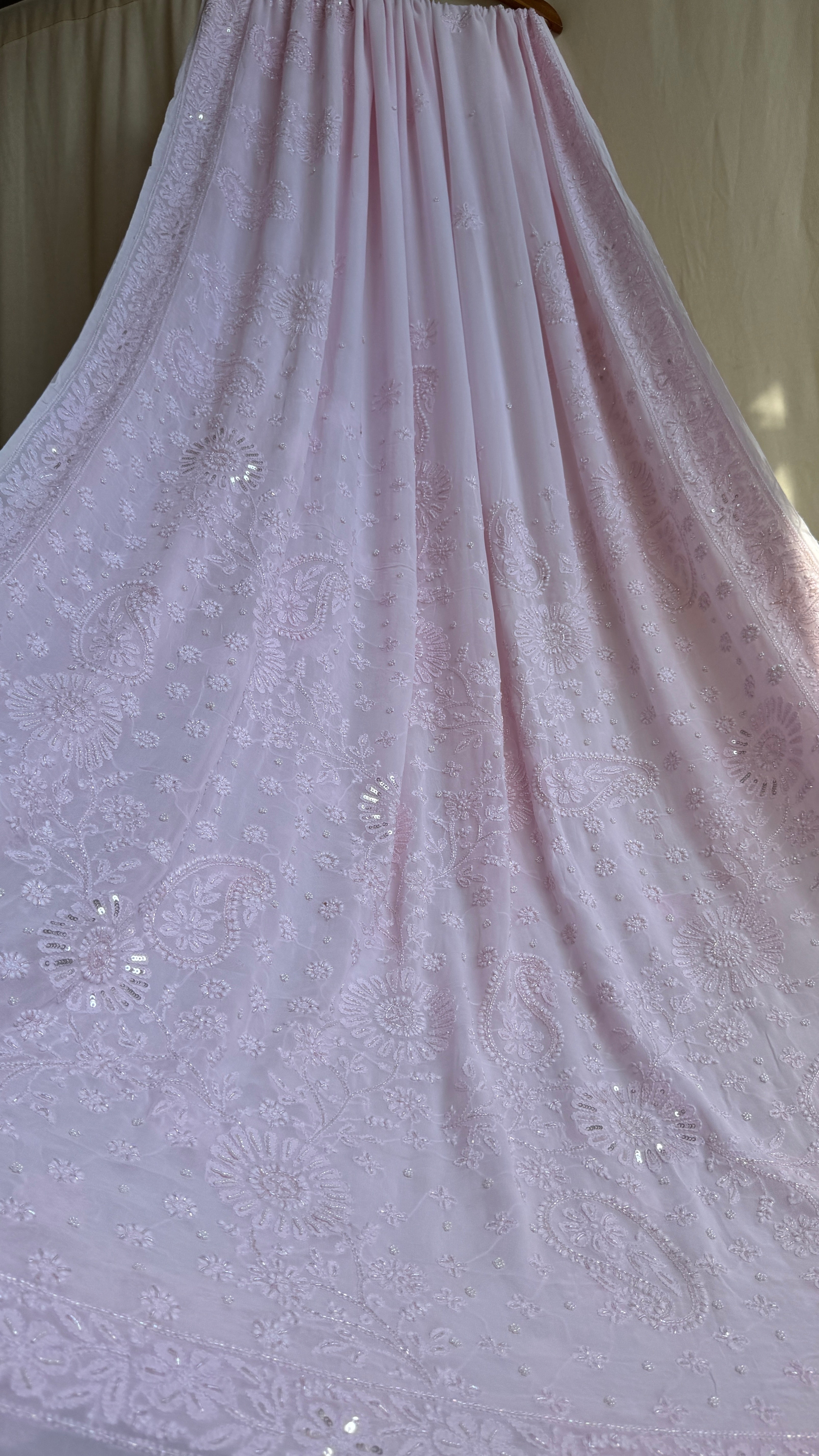 Viscose Chikankari saree with Pearl embellishments - Baby Pink - AriAA Chikankari