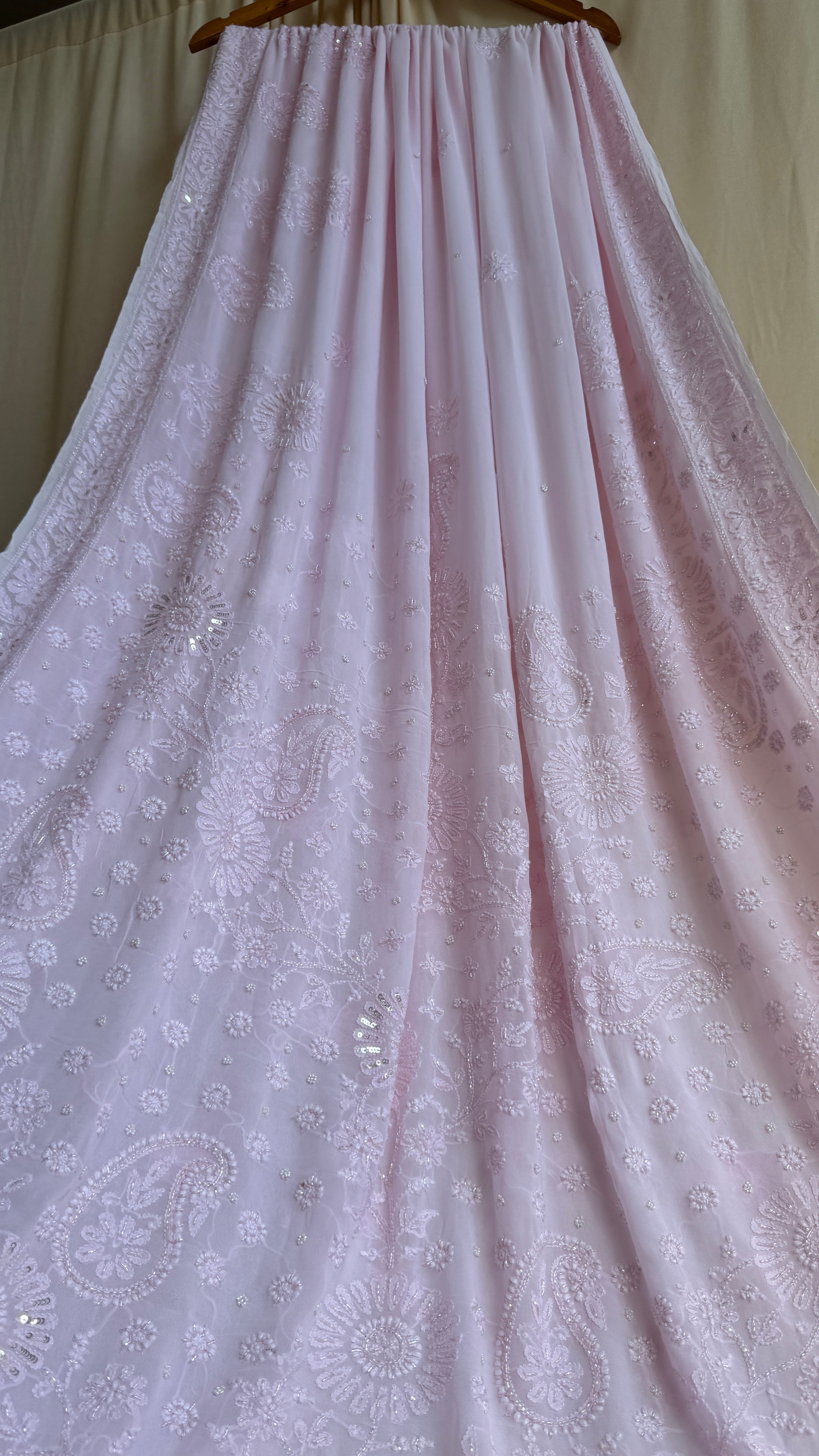 Viscose Chikankari saree with Pearl embellishments - Baby Pink - AriAA Chikankari