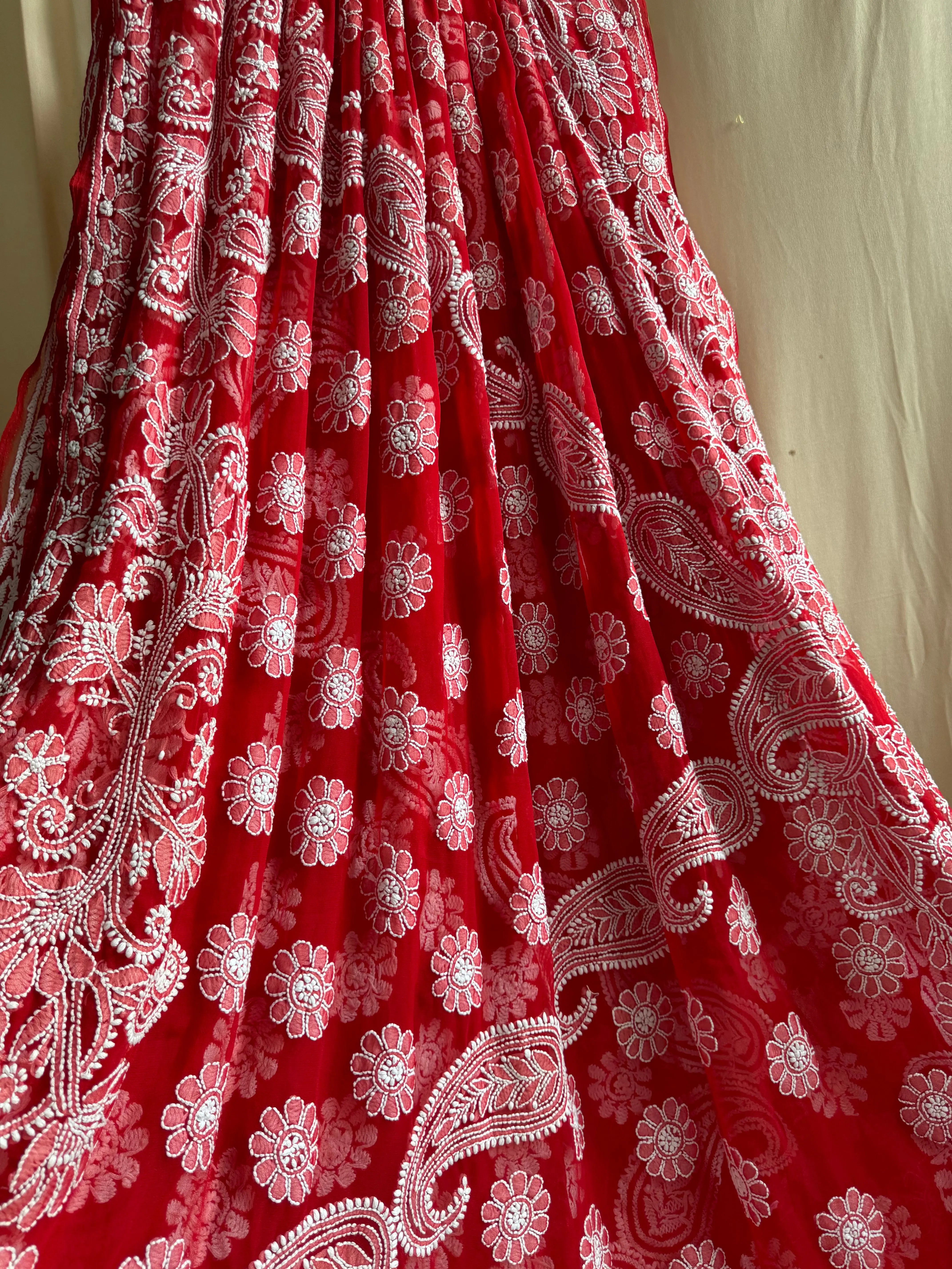 Georgette Chikankari saree in Red ARIAA CHIKANKARI