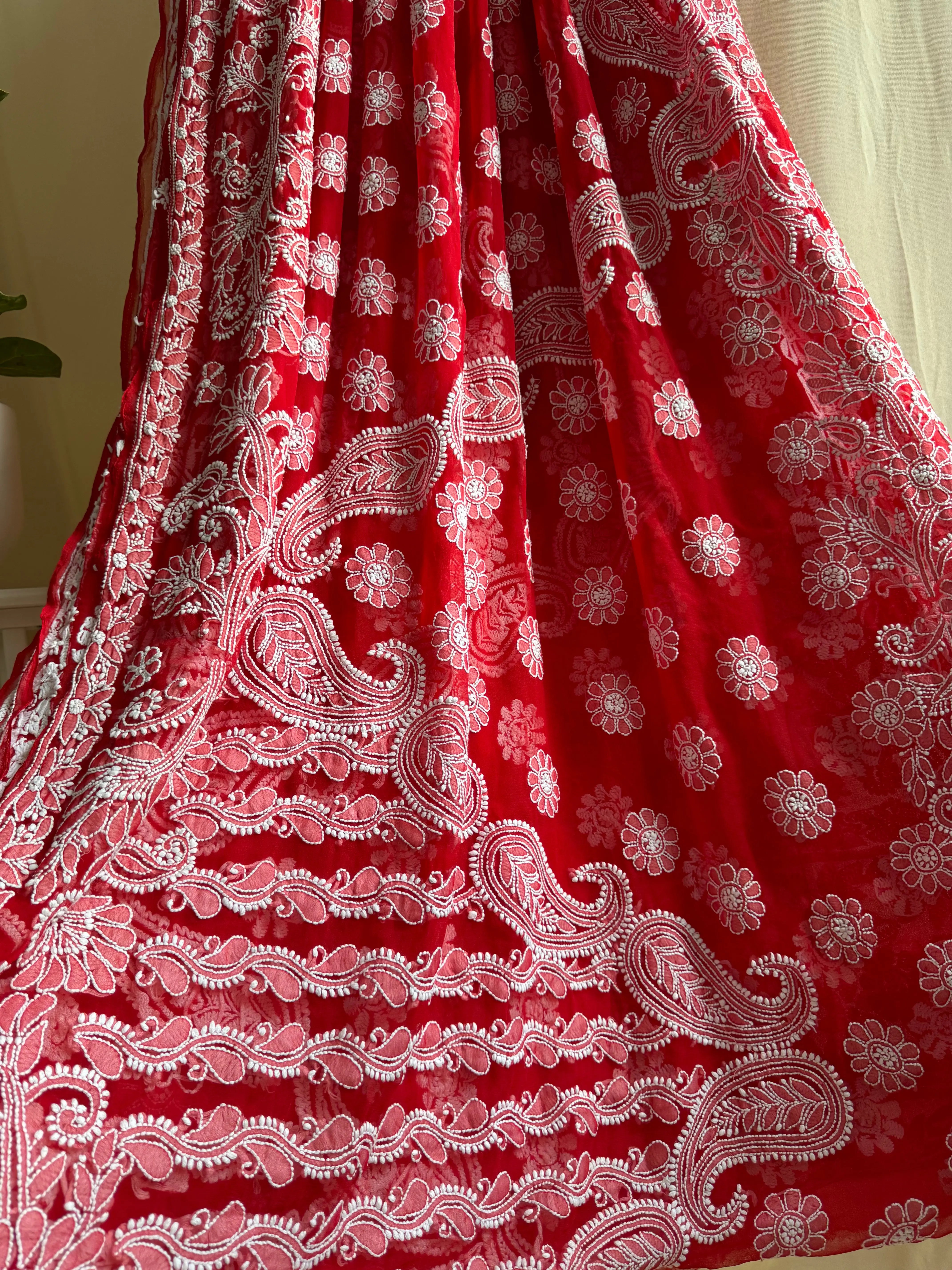 Georgette Chikankari saree in Red ARIAA CHIKANKARI