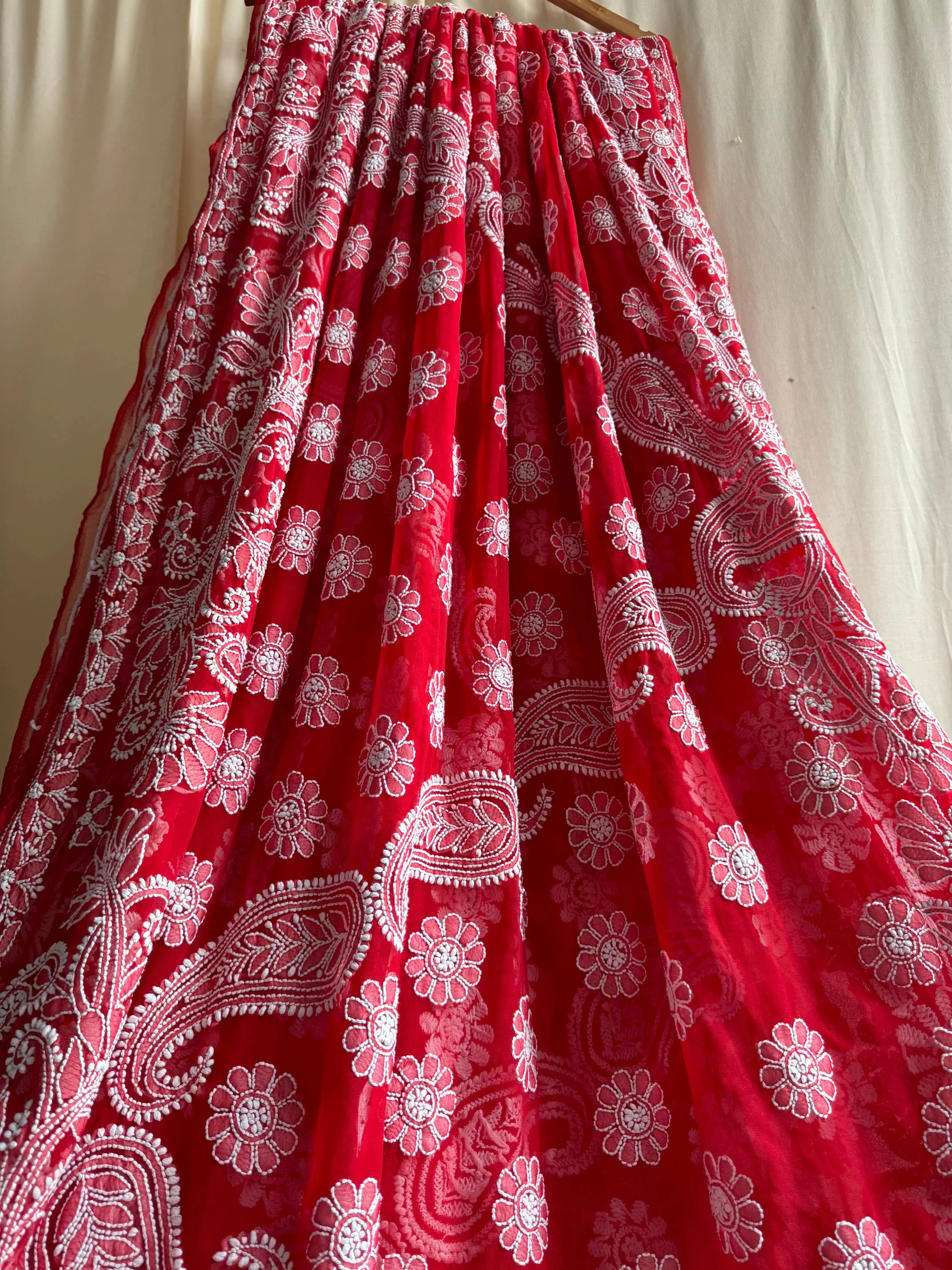 Georgette Chikankari saree in Red ARIAA CHIKANKARI