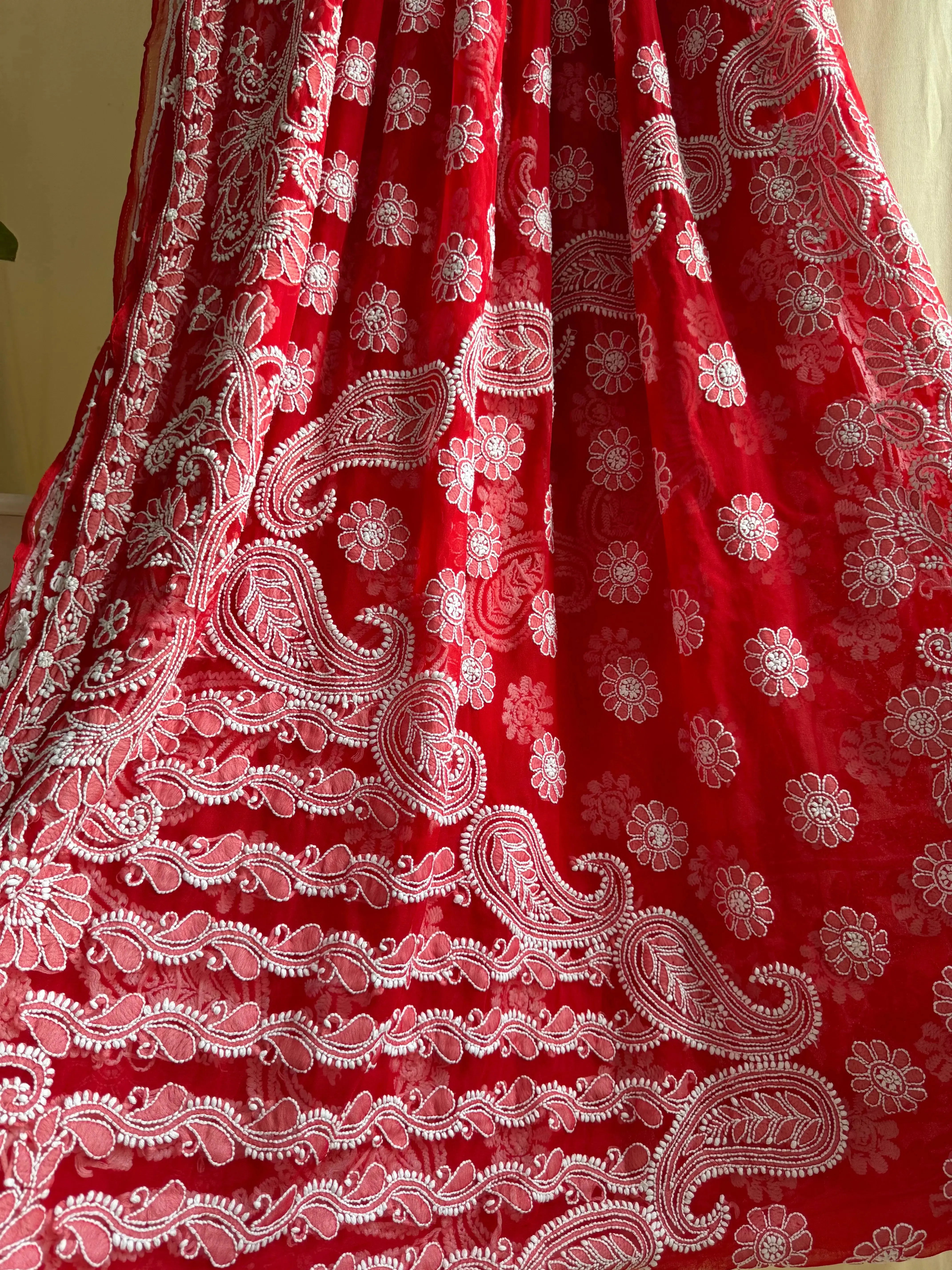 Georgette Chikankari saree in Red ARIAA CHIKANKARI