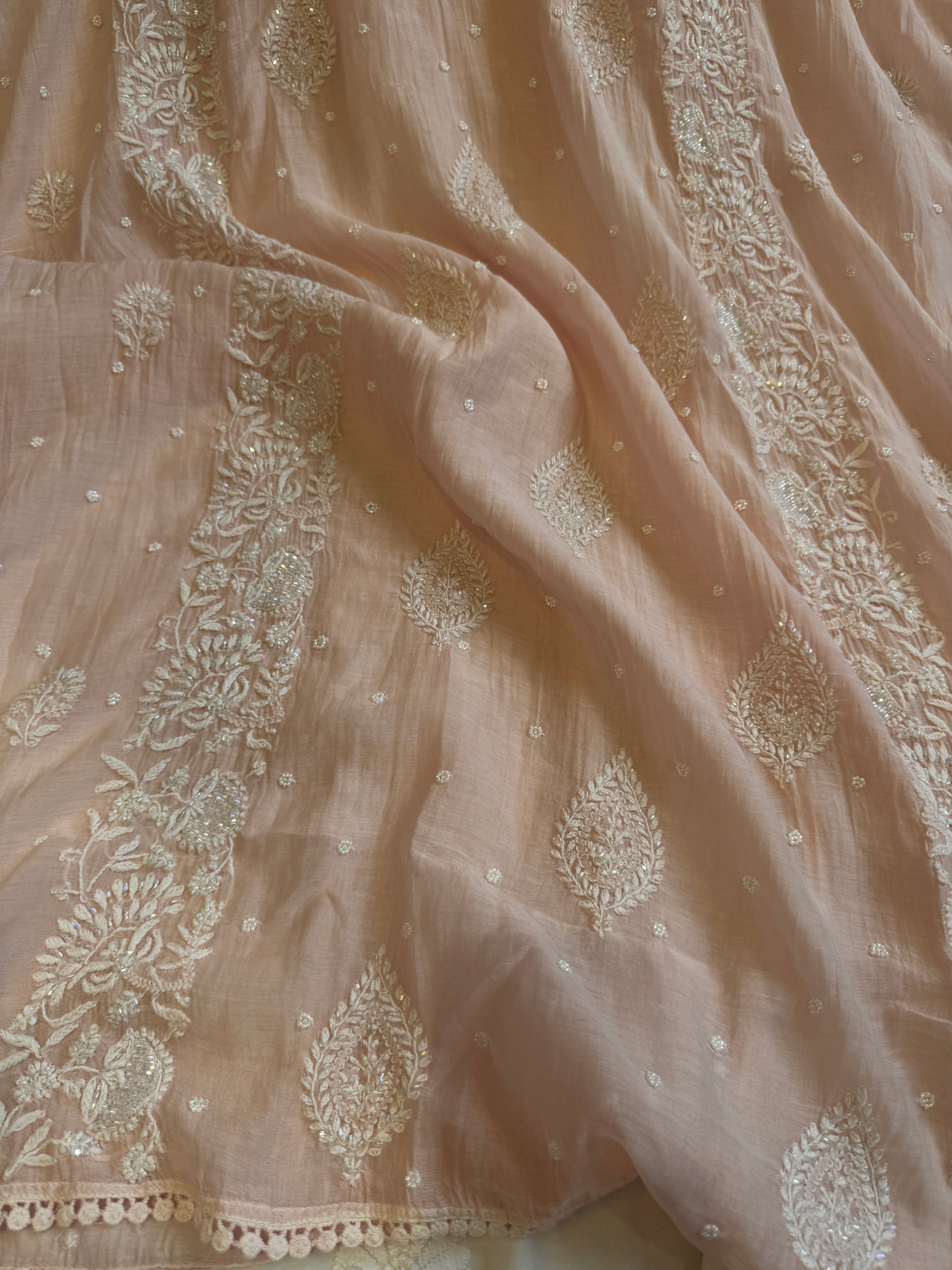 Mul Chanderi Chikankari Kaftan - Pale Pink