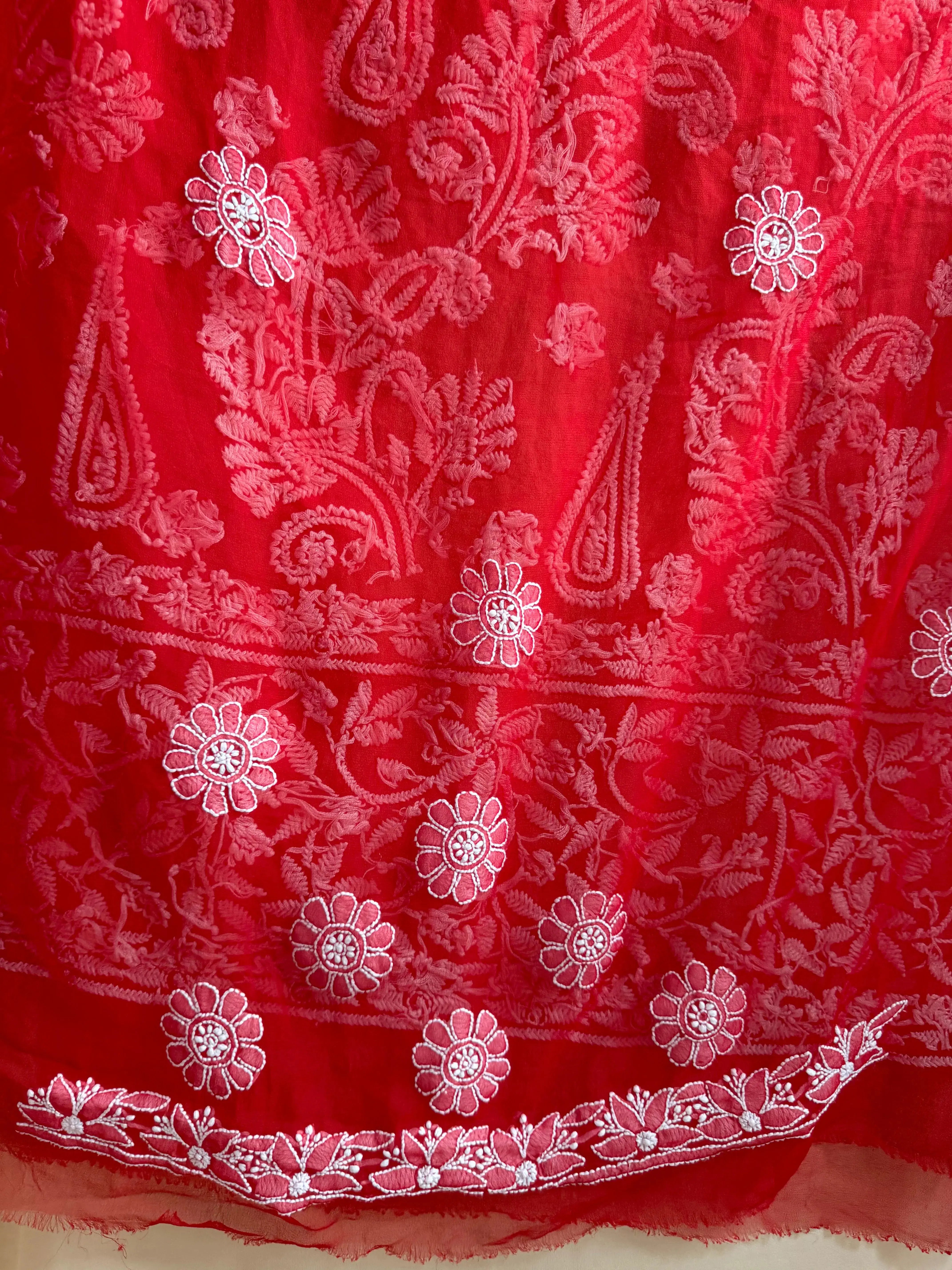 Georgette Chikankari saree in Red ARIAA CHIKANKARI