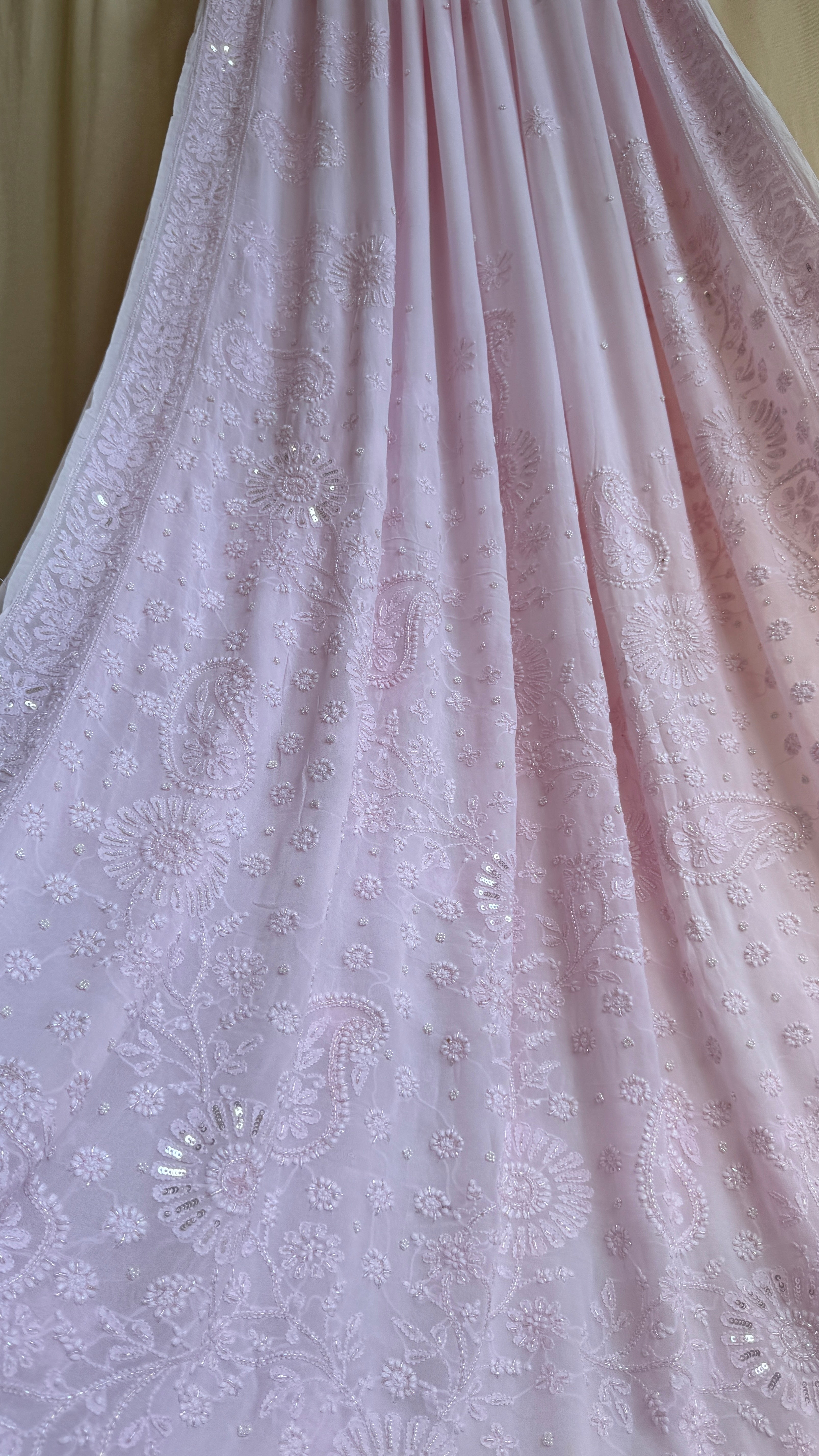 Viscose Chikankari saree with Pearl embellishments - Baby Pink - AriAA Chikankari