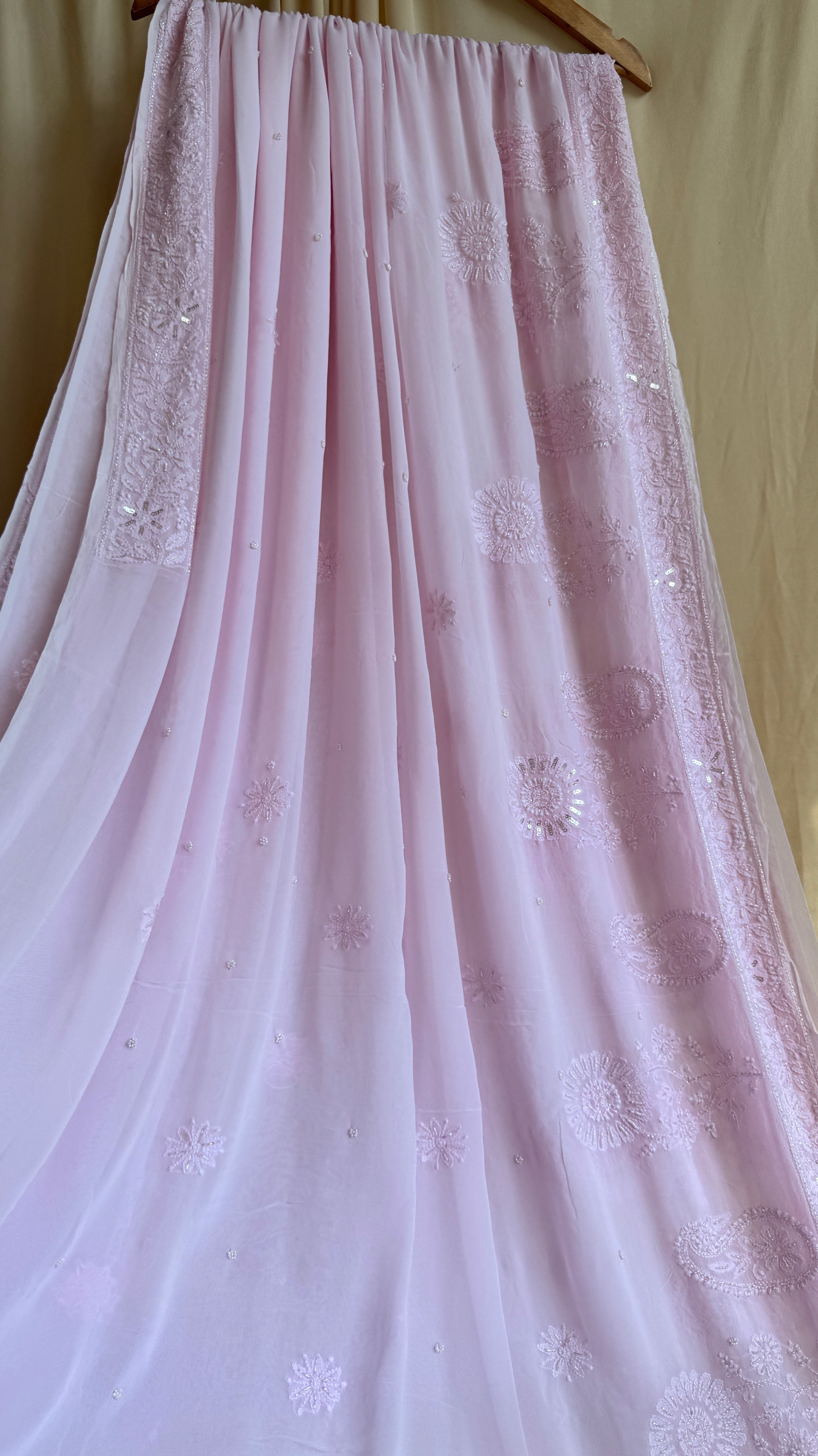 Viscose Chikankari saree with Pearl embellishments - Baby Pink - AriAA Chikankari