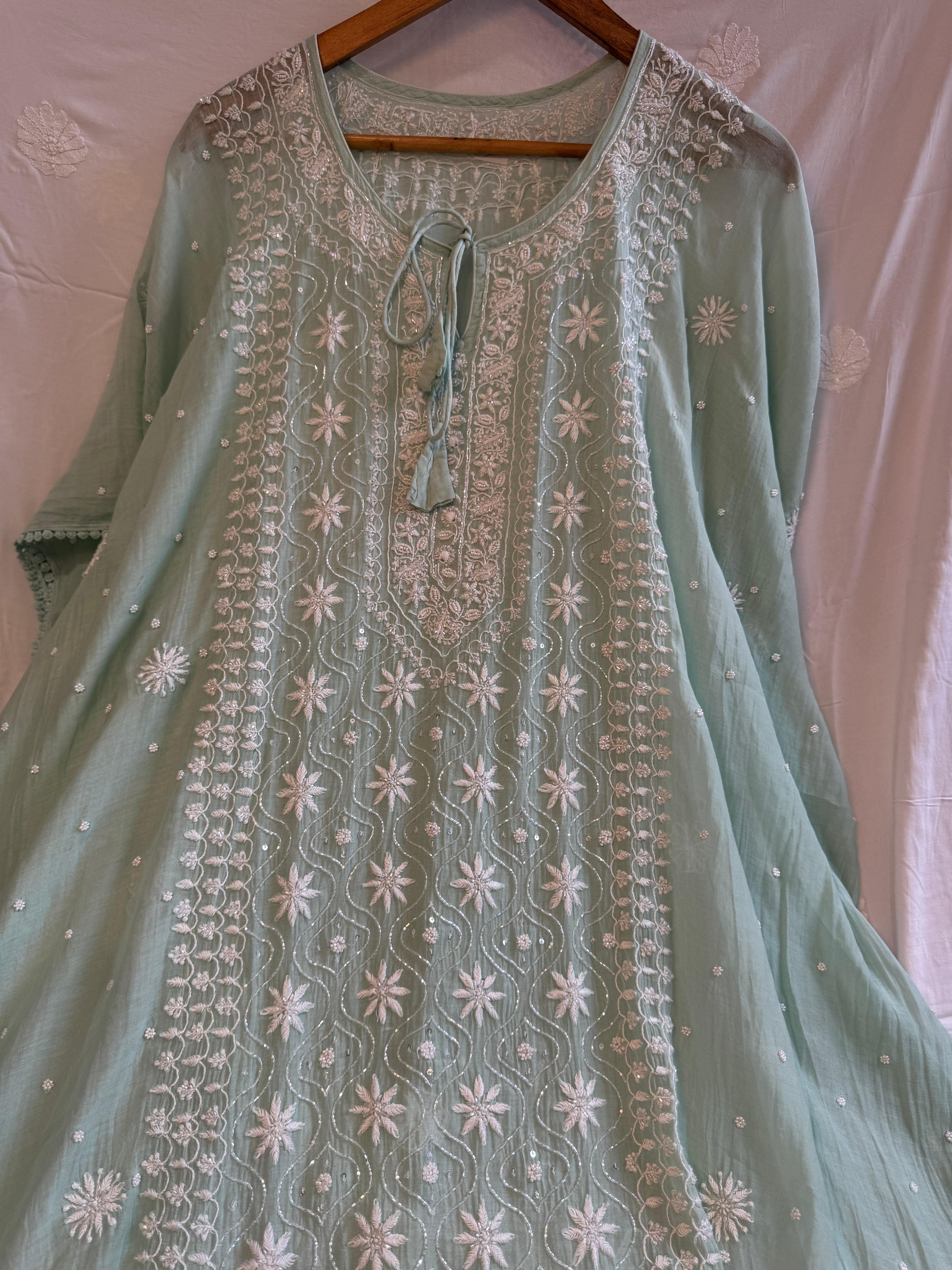 Mul Chanderi Chikankari Kaftan - Green