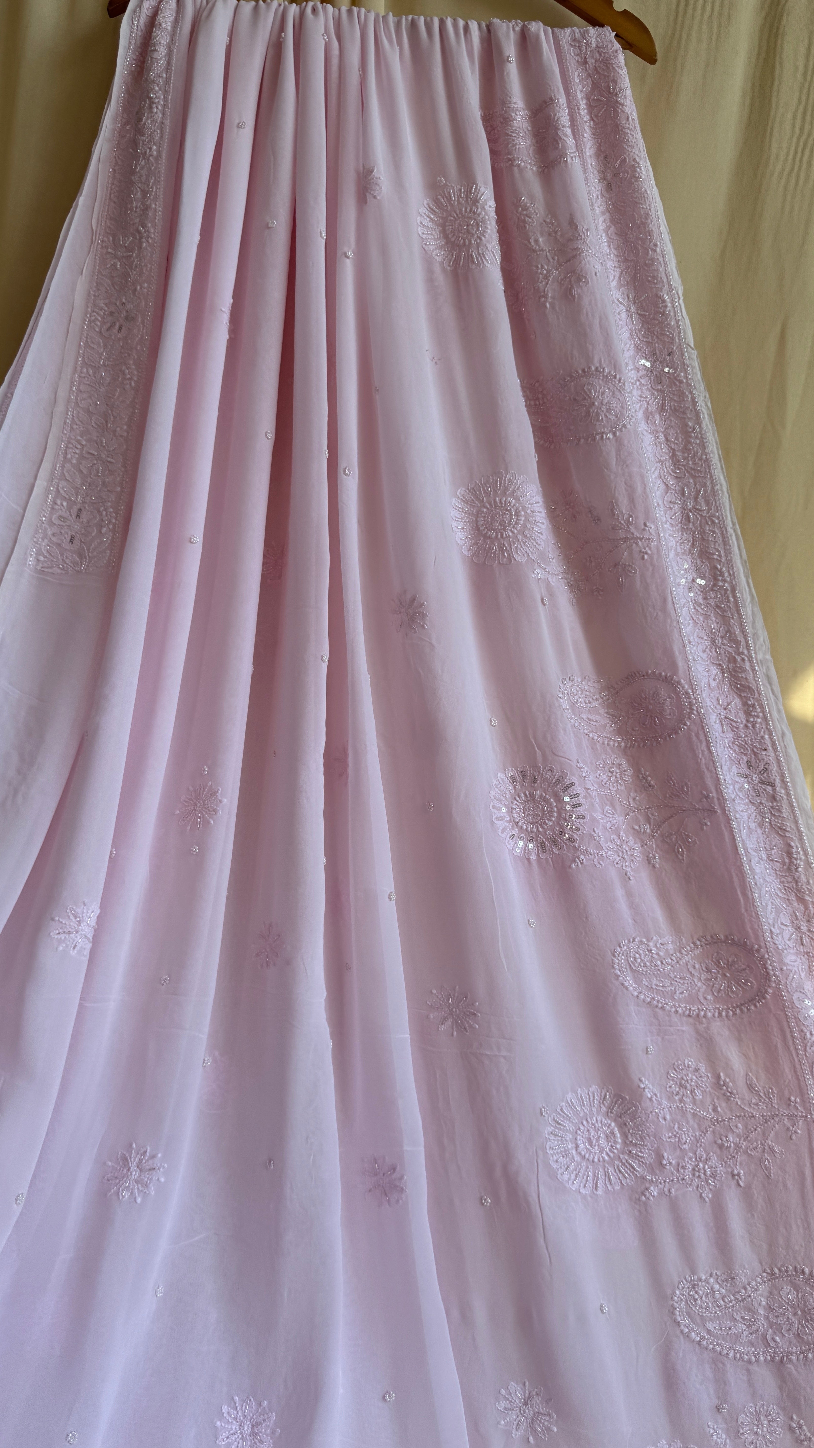 Viscose Chikankari saree with Pearl embellishments - Baby Pink - AriAA Chikankari