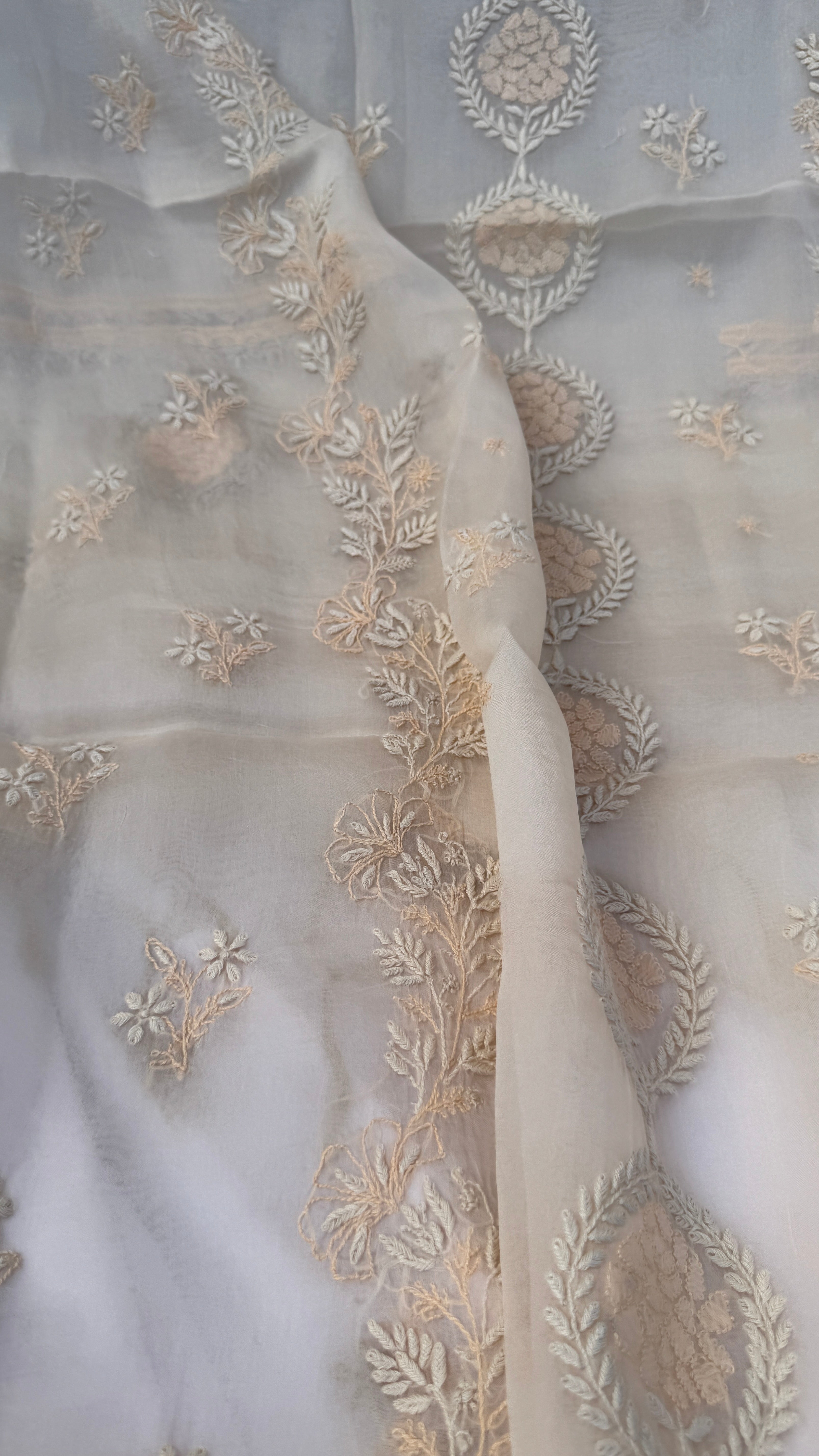 Pure Organza Lucknow Chikankari Unstitched Suit Set - Cream multi-color