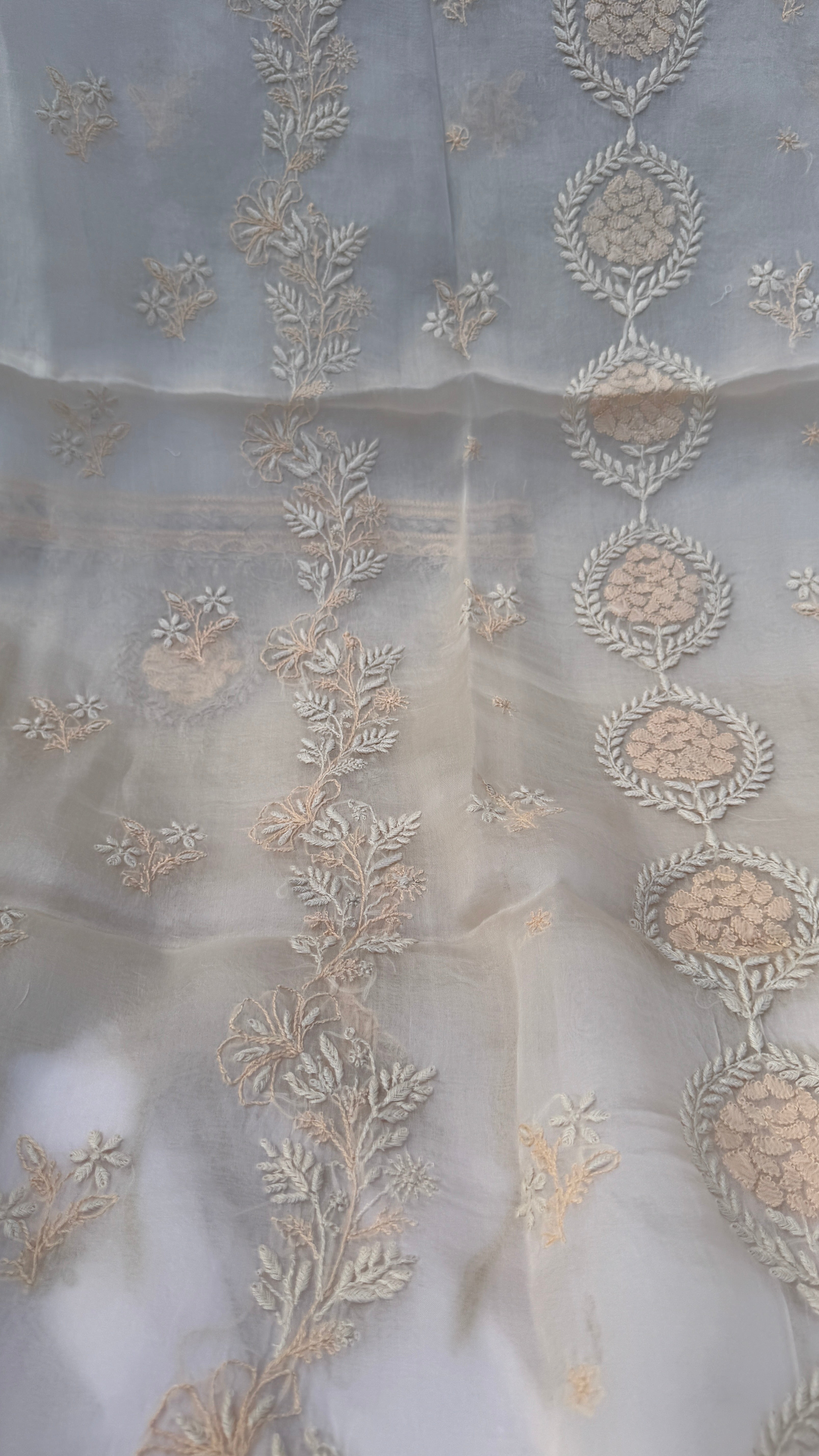 Pure Organza Lucknow Chikankari Unstitched Suit Set - Cream multi-color
