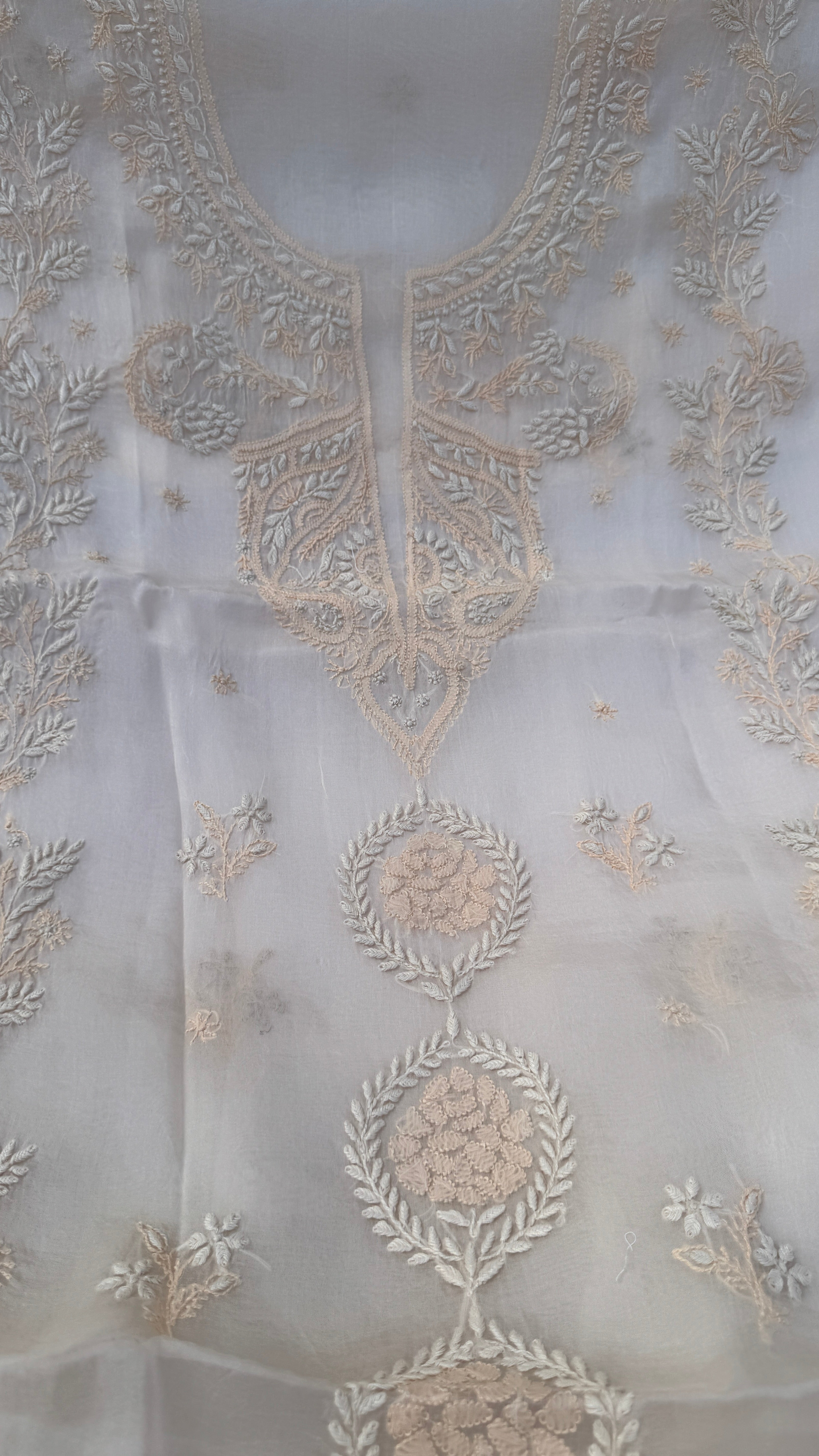 Pure Organza Lucknow Chikankari Unstitched Suit Set - Cream multi-color