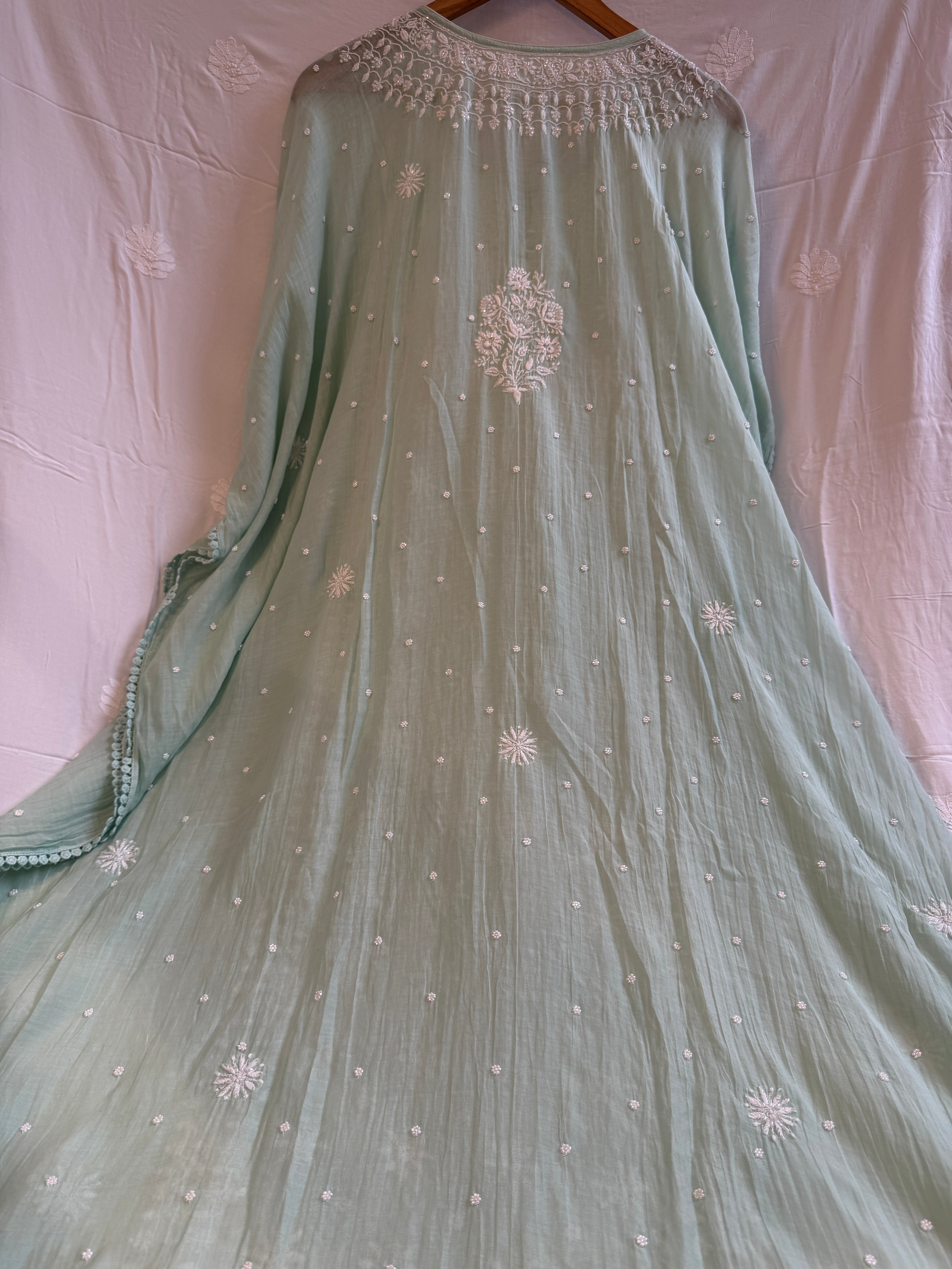 Mul Chanderi Chikankari Kaftan - Green