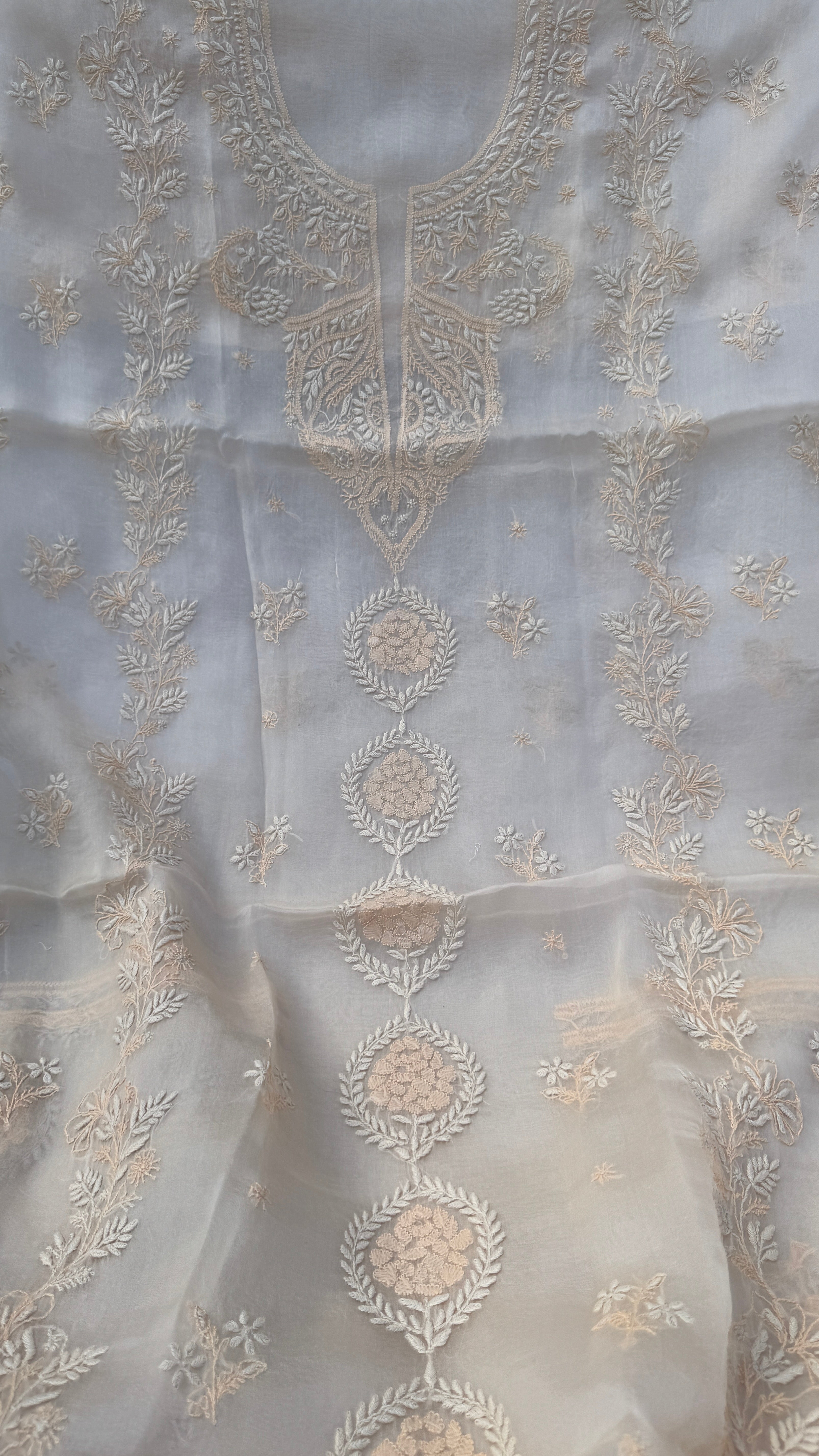 Pure Organza Lucknow Chikankari Unstitched Suit Set - Cream multi-color