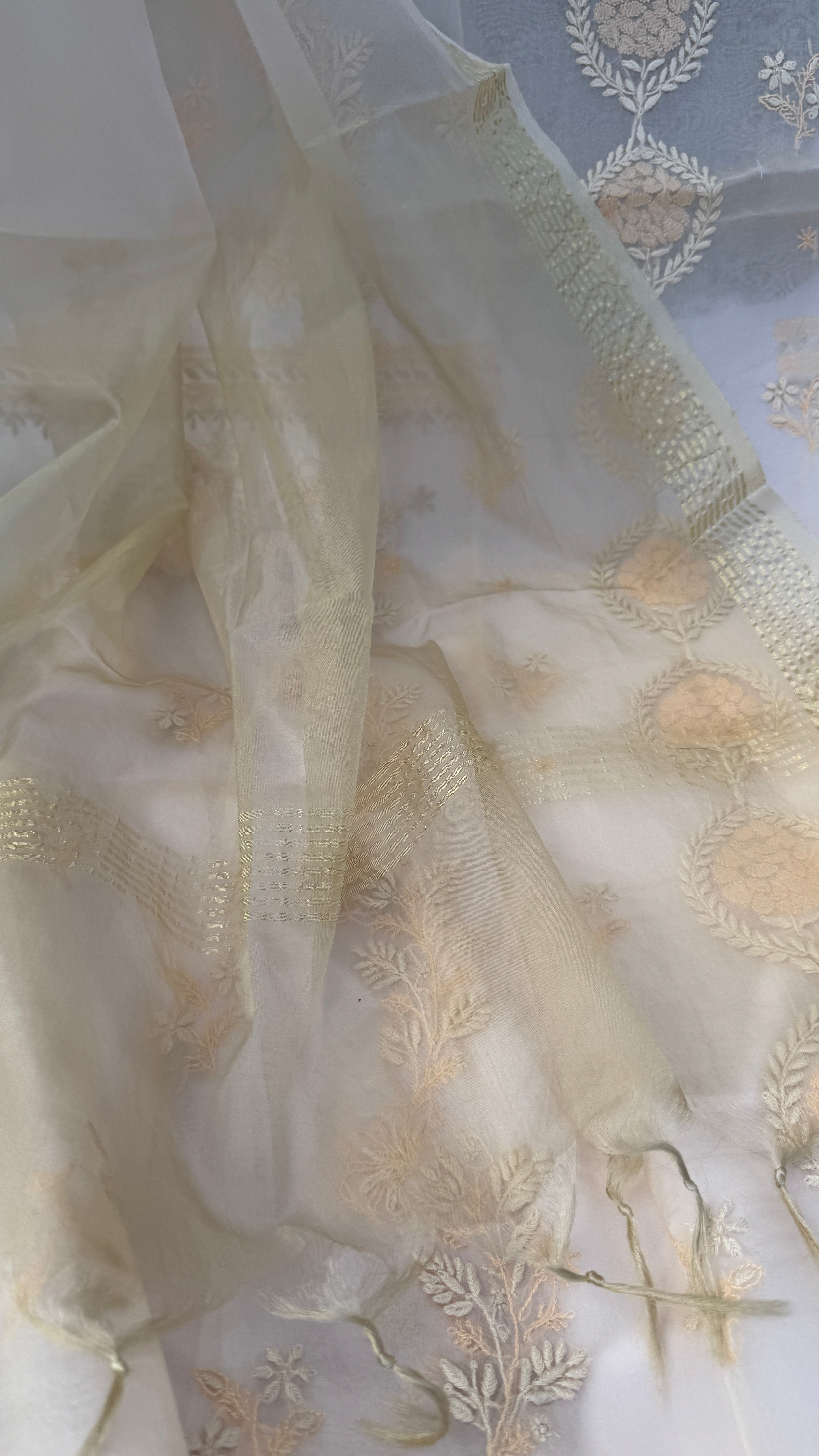 Pure Organza Lucknow Chikankari Unstitched Suit Set - Cream multi-color