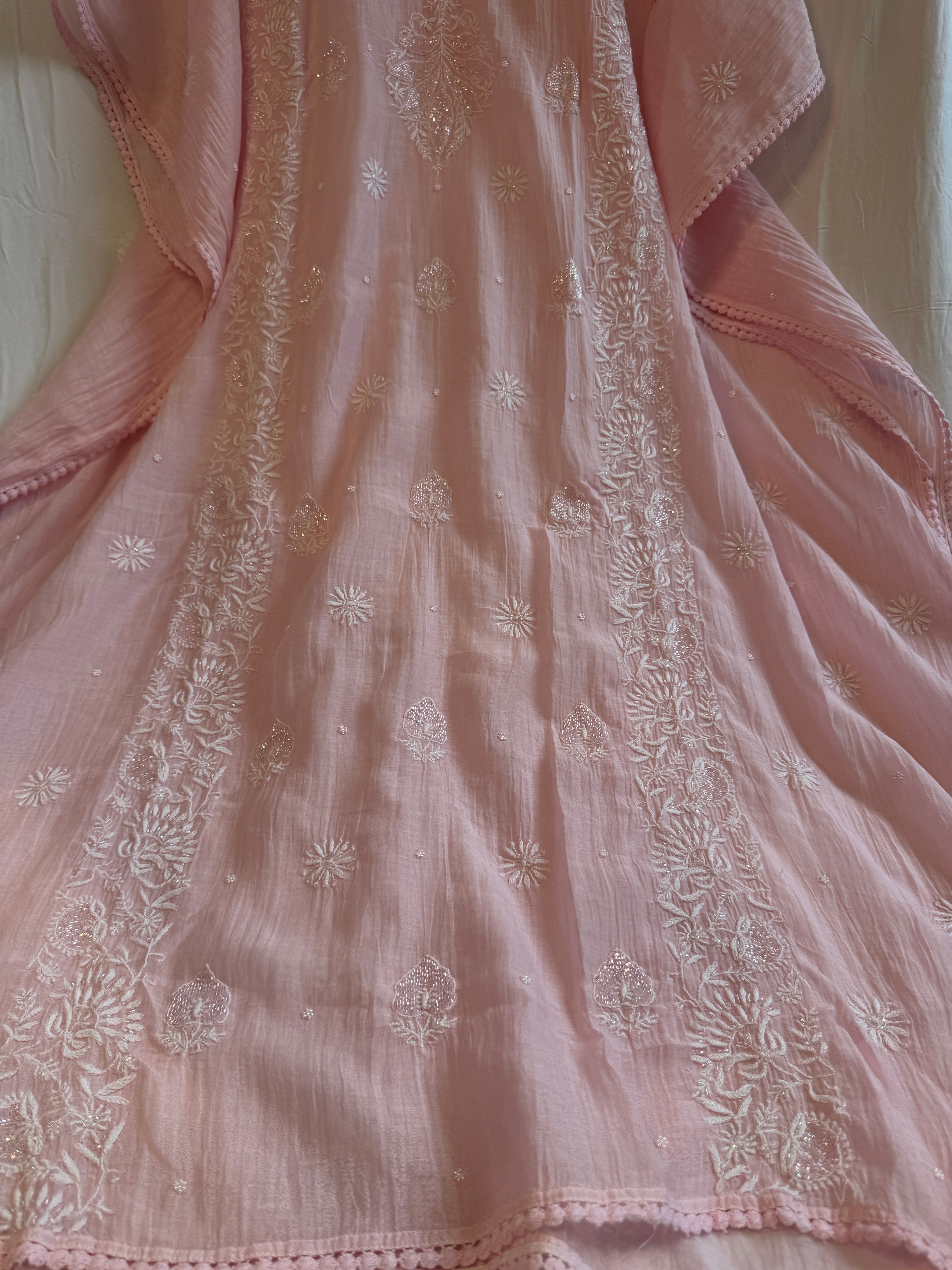 Mul Chanderi Chikankari Kaftan - Pink