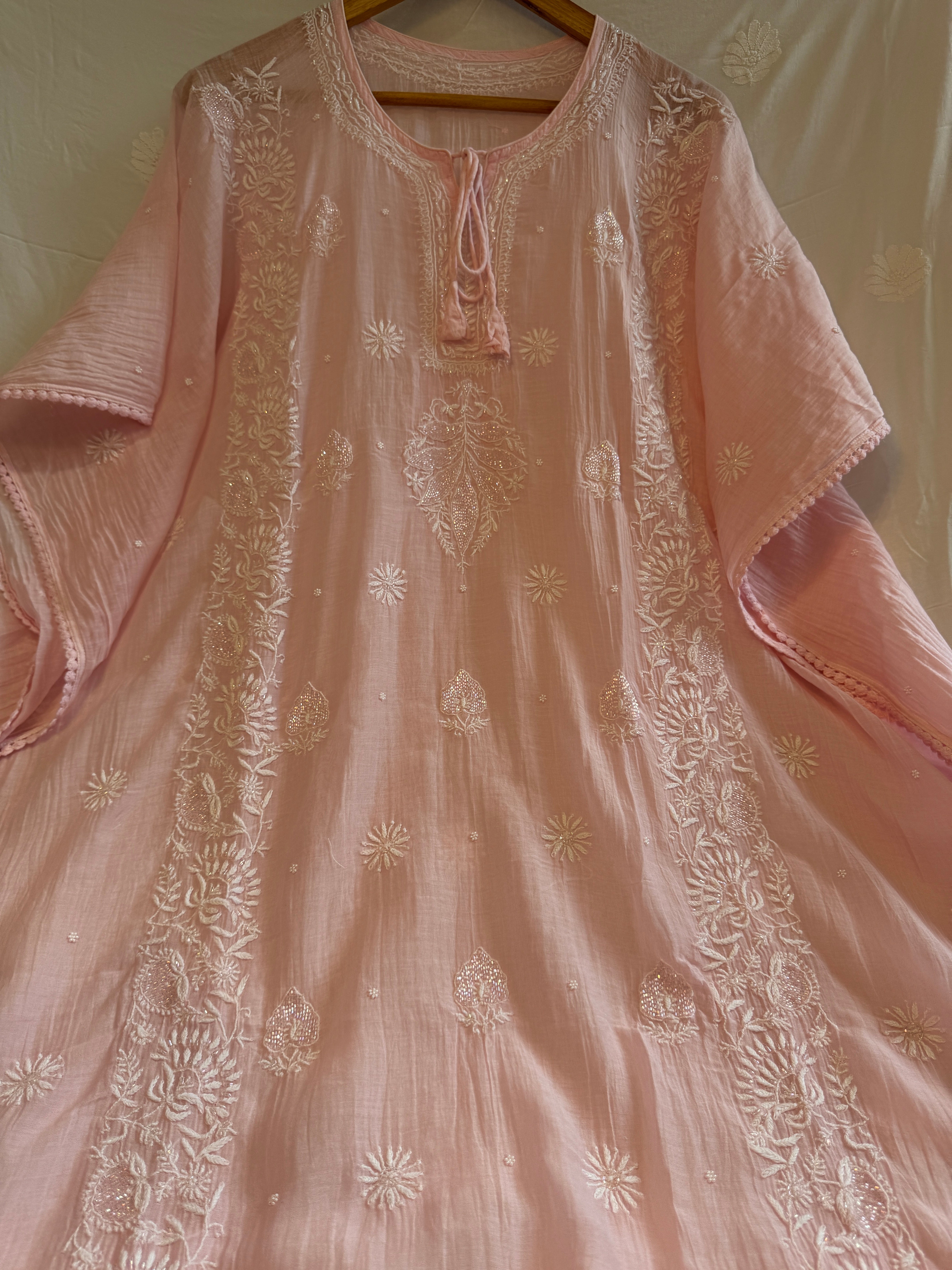 Mul Chanderi Chikankari Kaftan - Pink