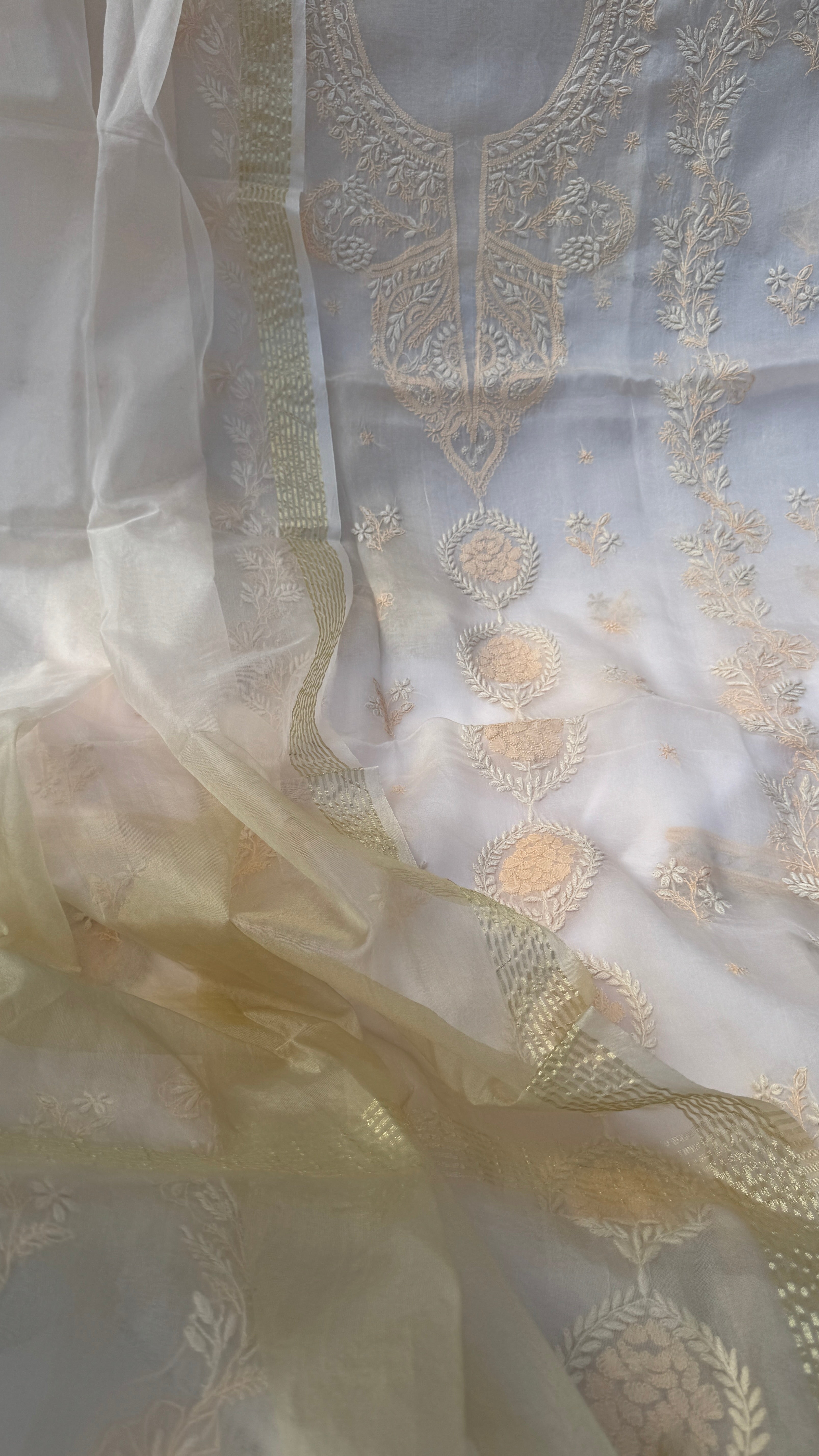 Pure Organza Lucknow Chikankari Unstitched Suit Set - Cream multi-color