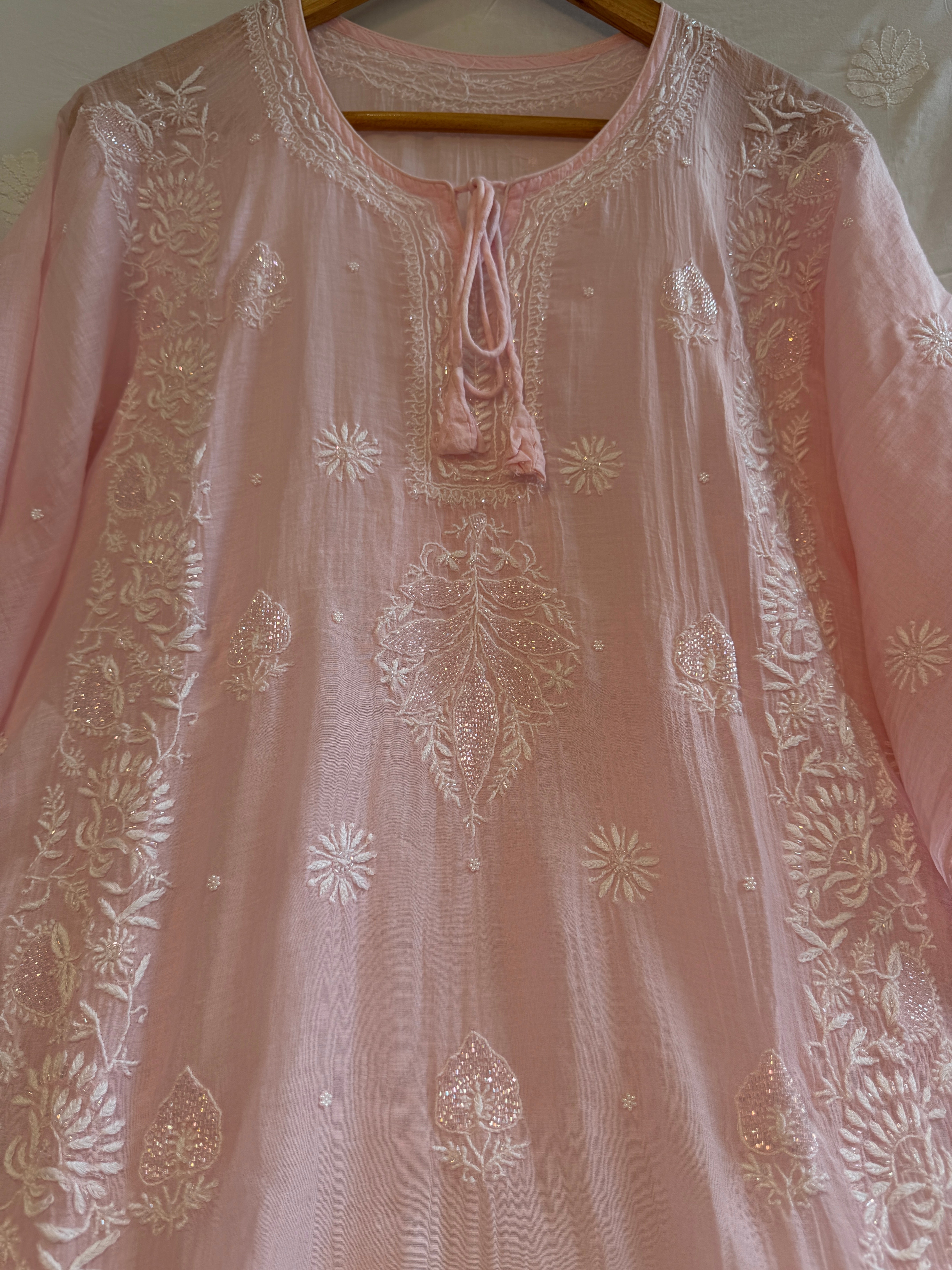 Mul Chanderi Chikankari Kaftan - Pink