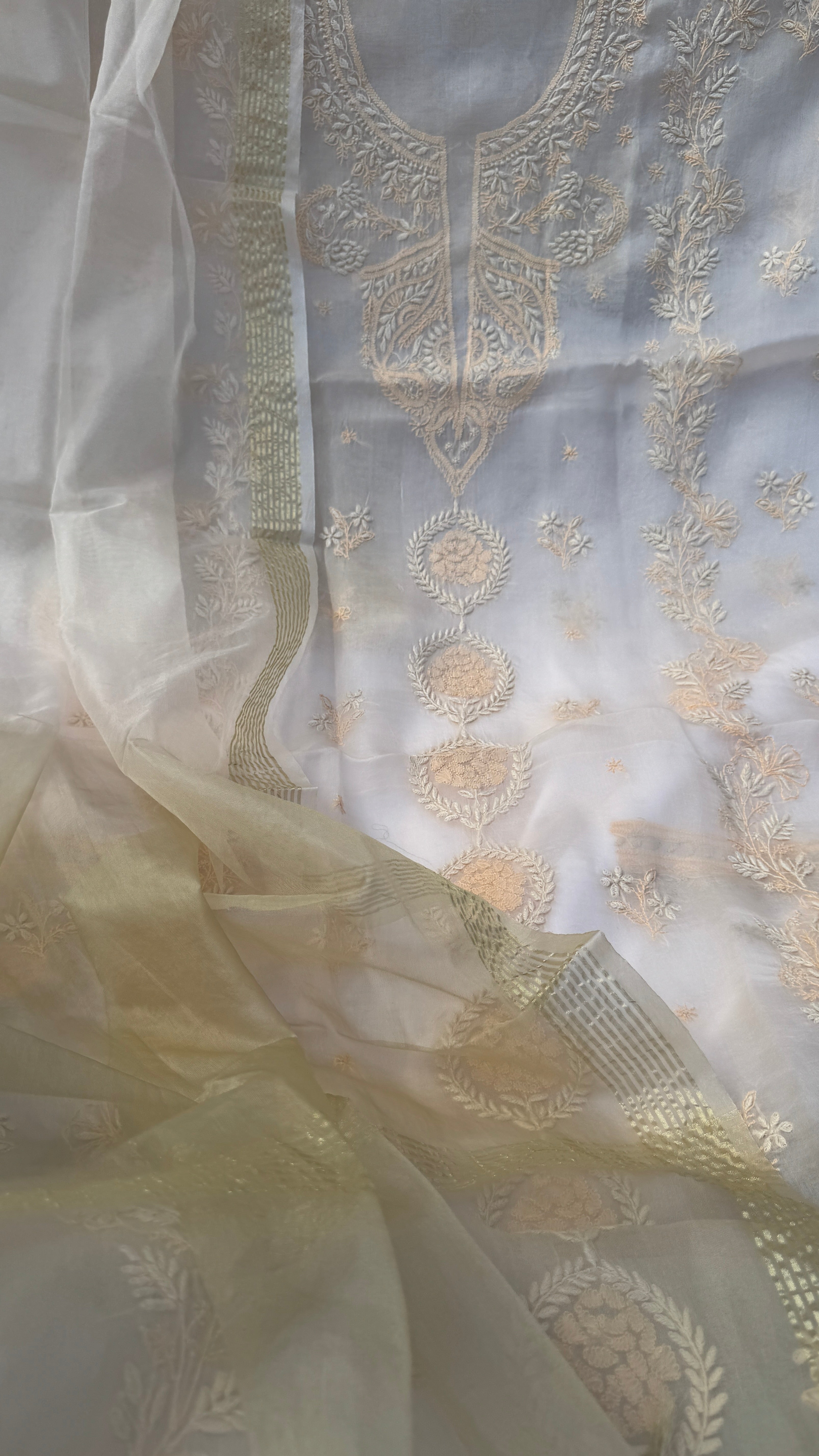 Pure Organza Lucknow Chikankari Unstitched Suit Set - Cream multi-color