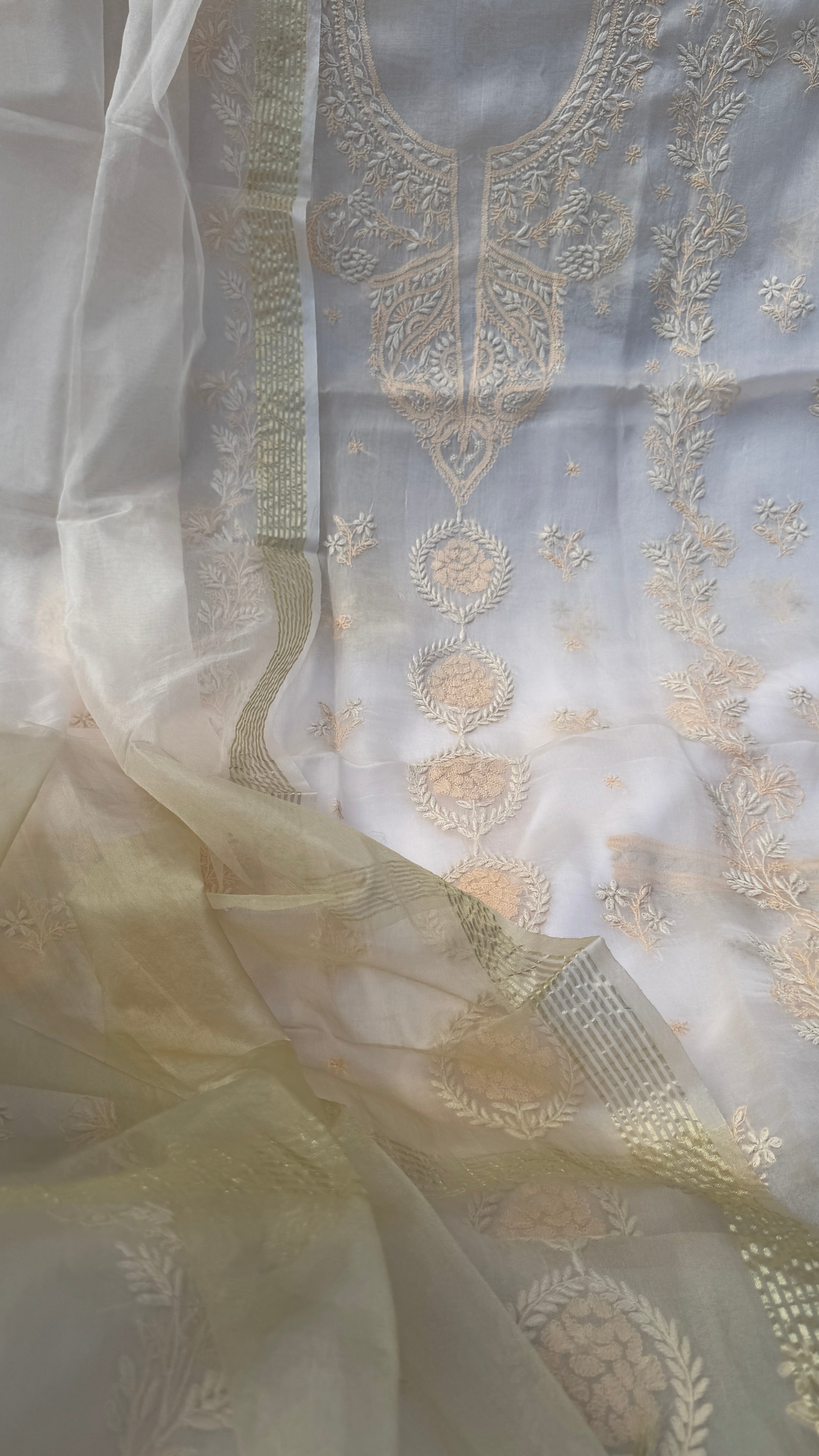 Pure Organza Lucknow Chikankari Unstitched Suit Set - Cream multi-color