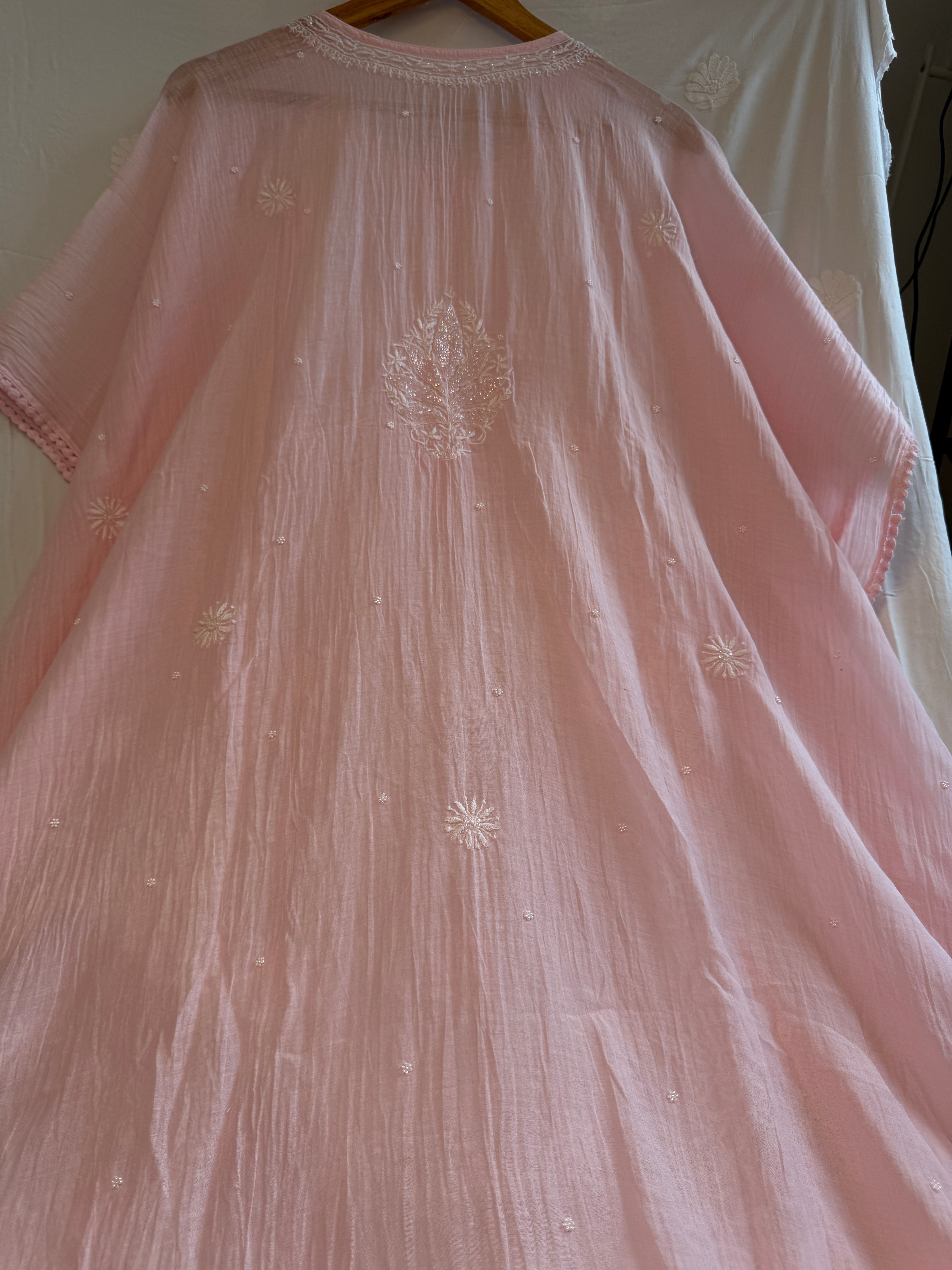 Mul Chanderi Chikankari Kaftan - Pink