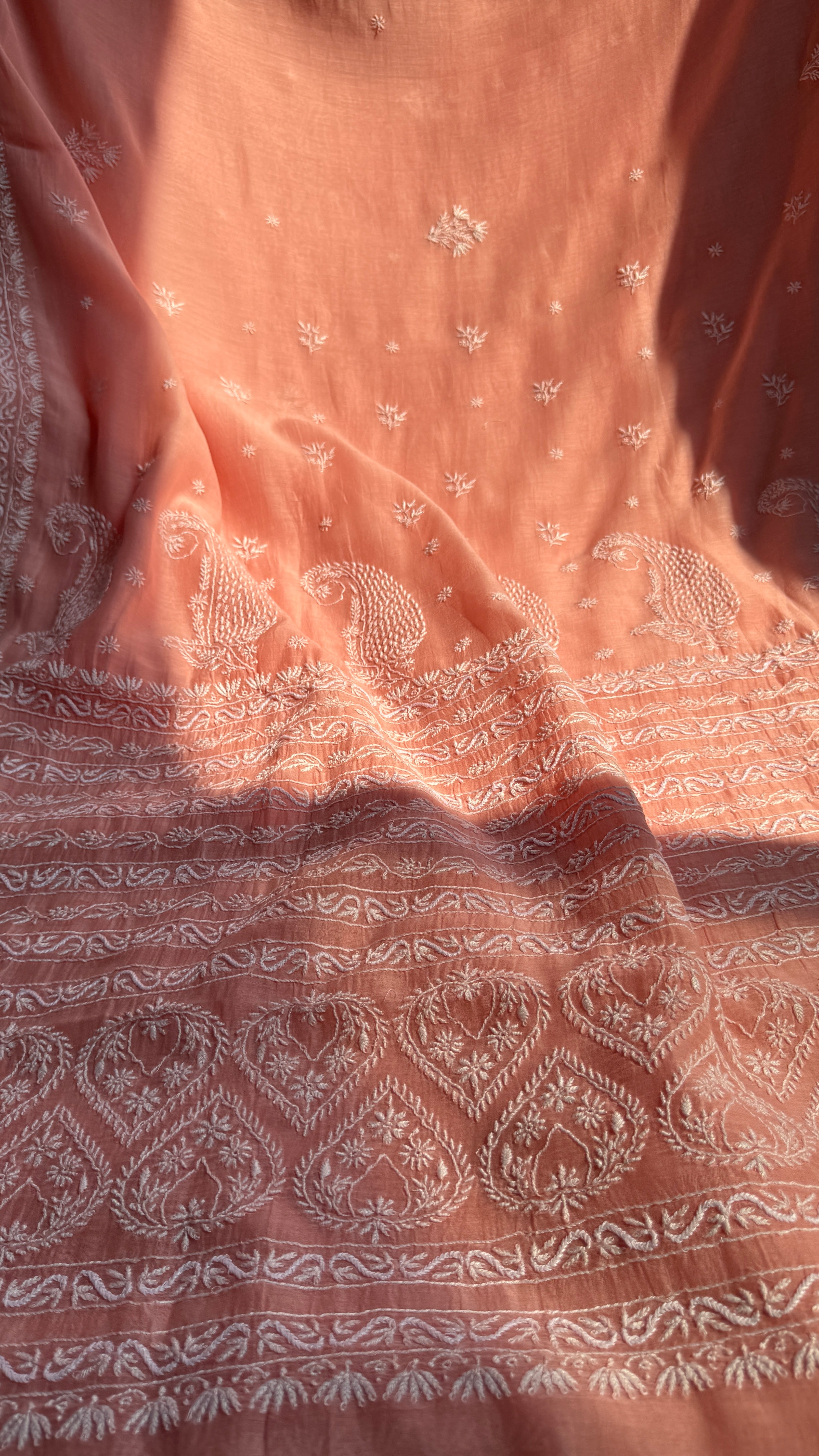 Pure Mul Chanderi Chikankari saree in Peach
