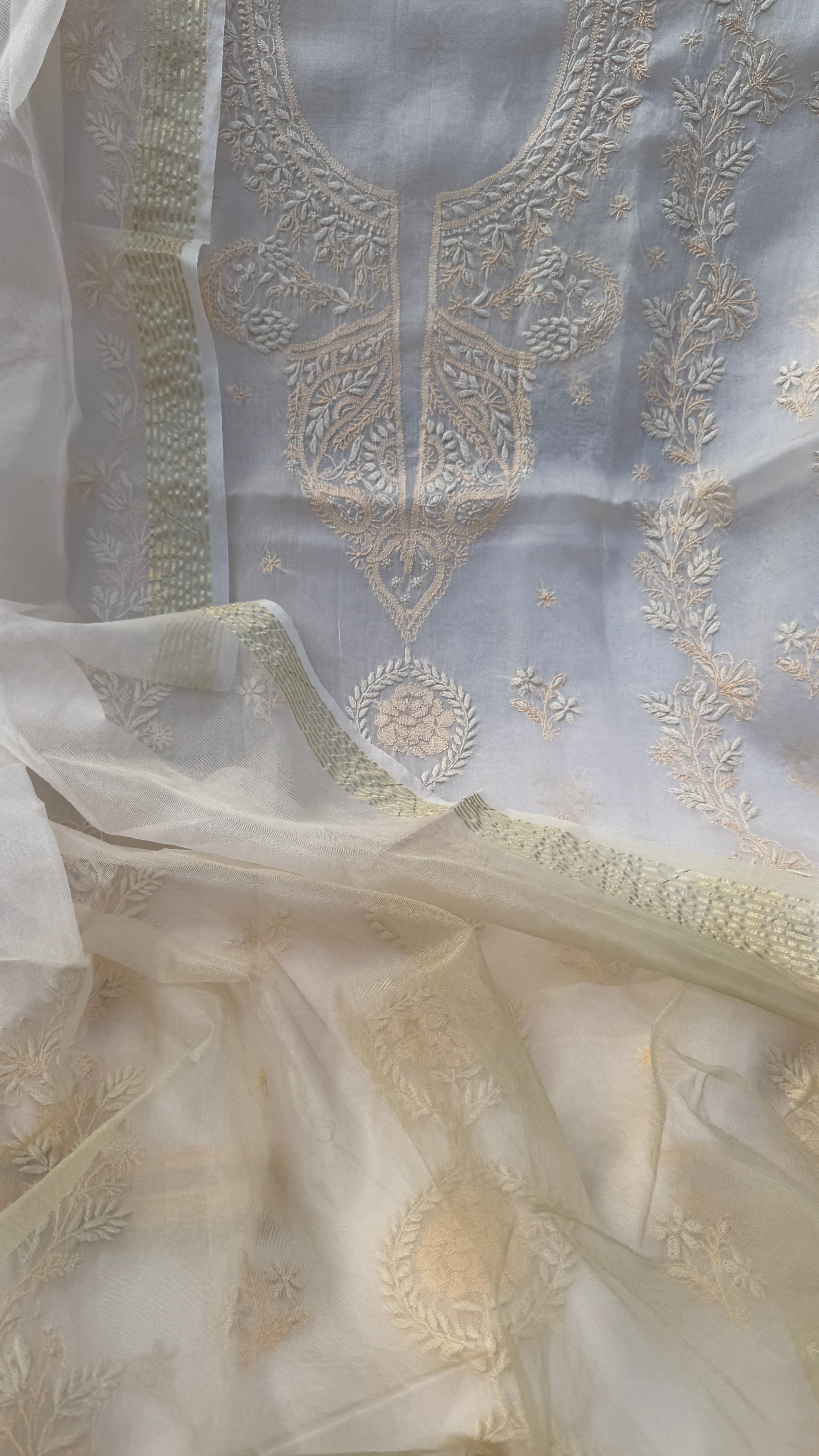 Pure Organza Lucknow Chikankari Unstitched Suit Set - Cream multi-color