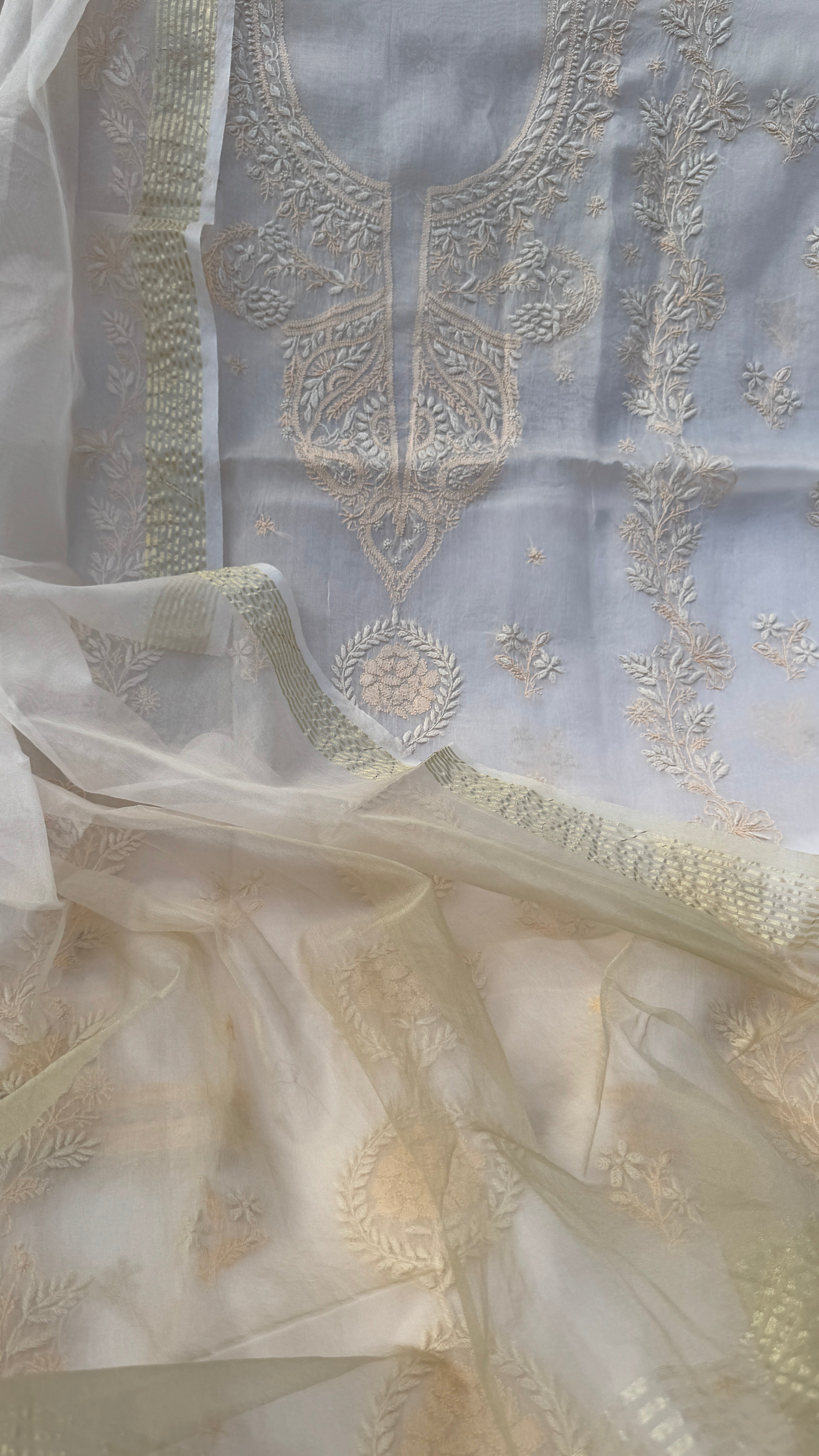 Pure Organza Lucknow Chikankari Unstitched Suit Set - Cream multi-color