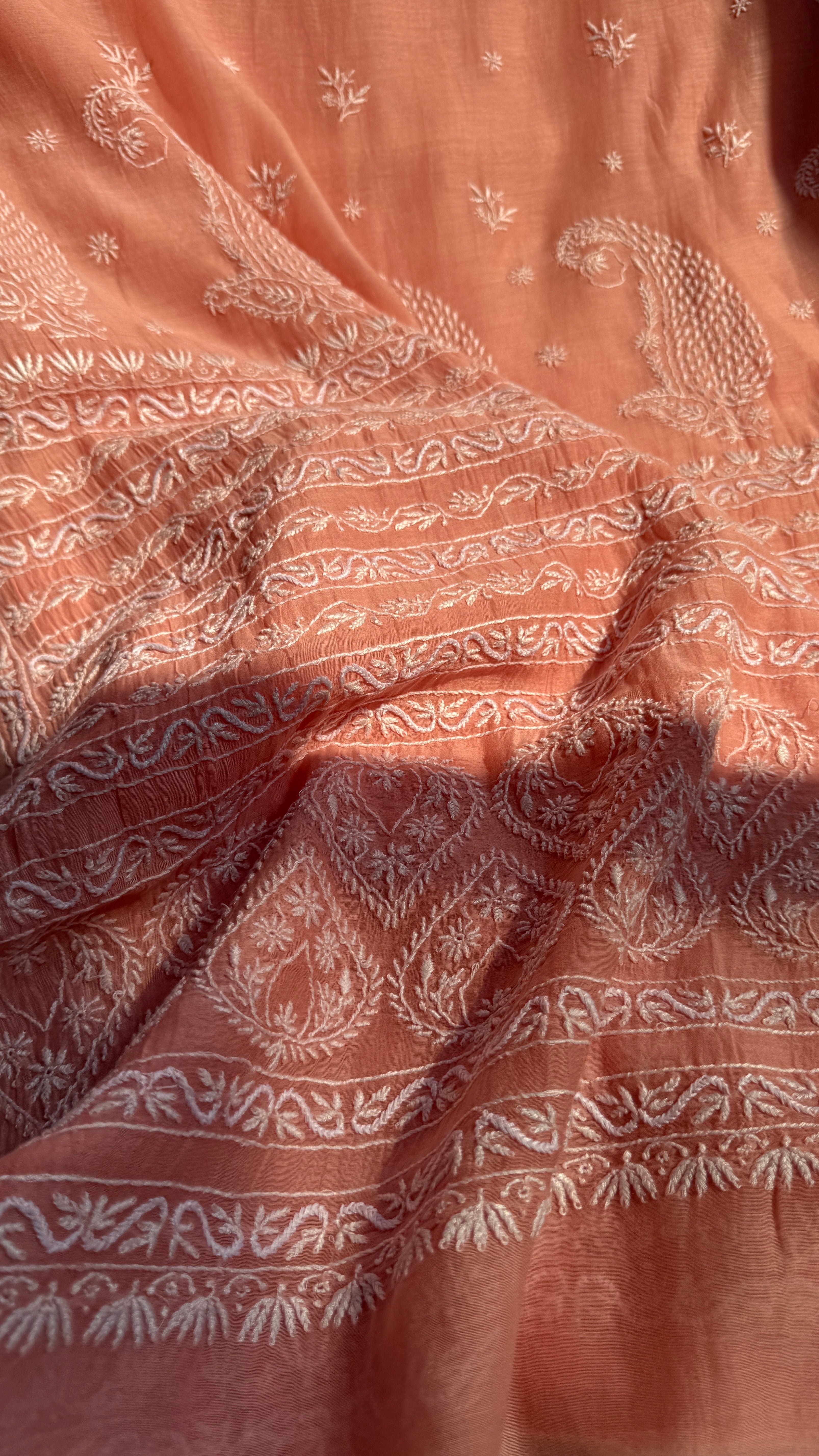 Pure Mul Chanderi Chikankari saree in Peach