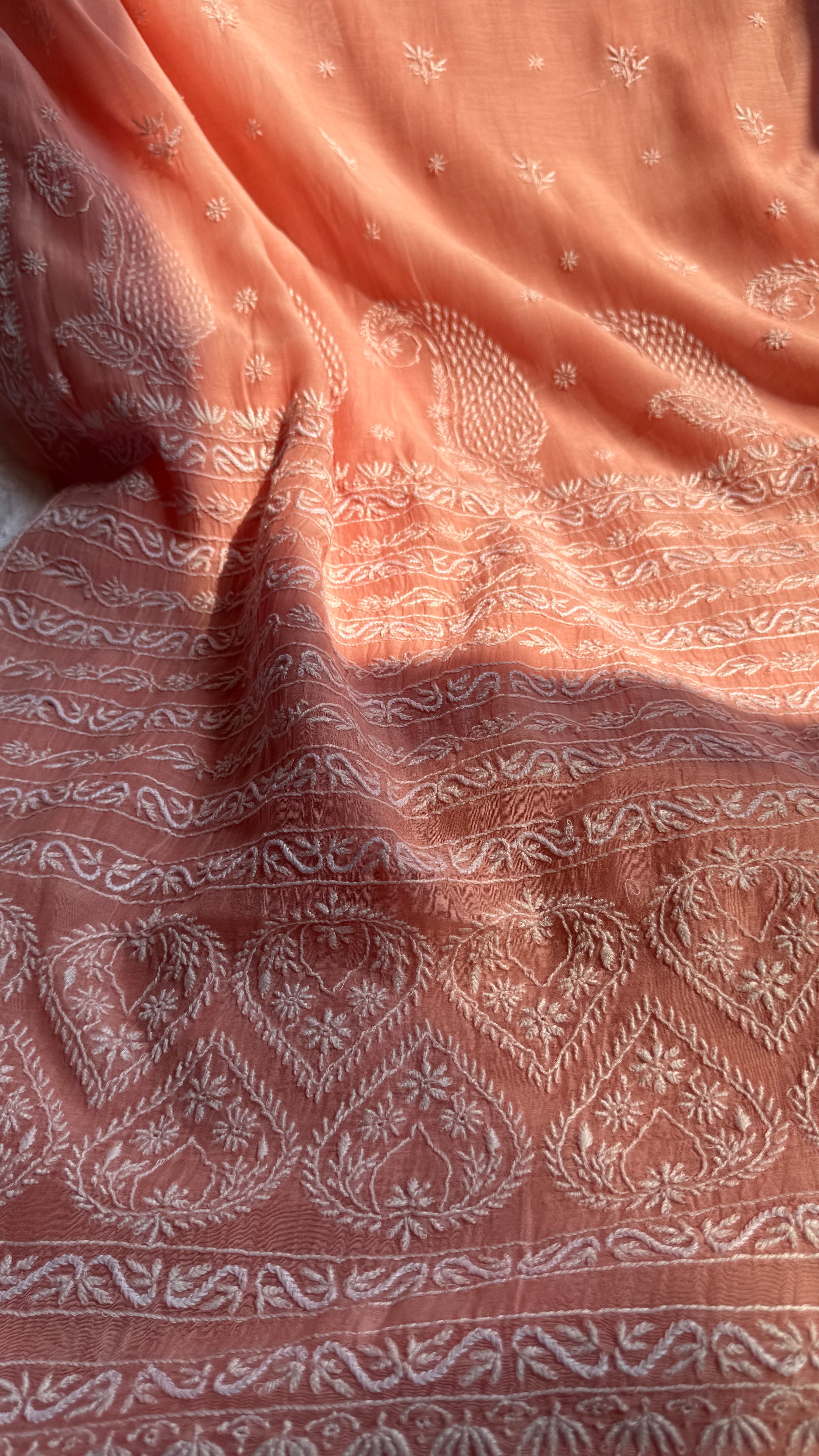 Pure Mul Chanderi Chikankari saree in Peach