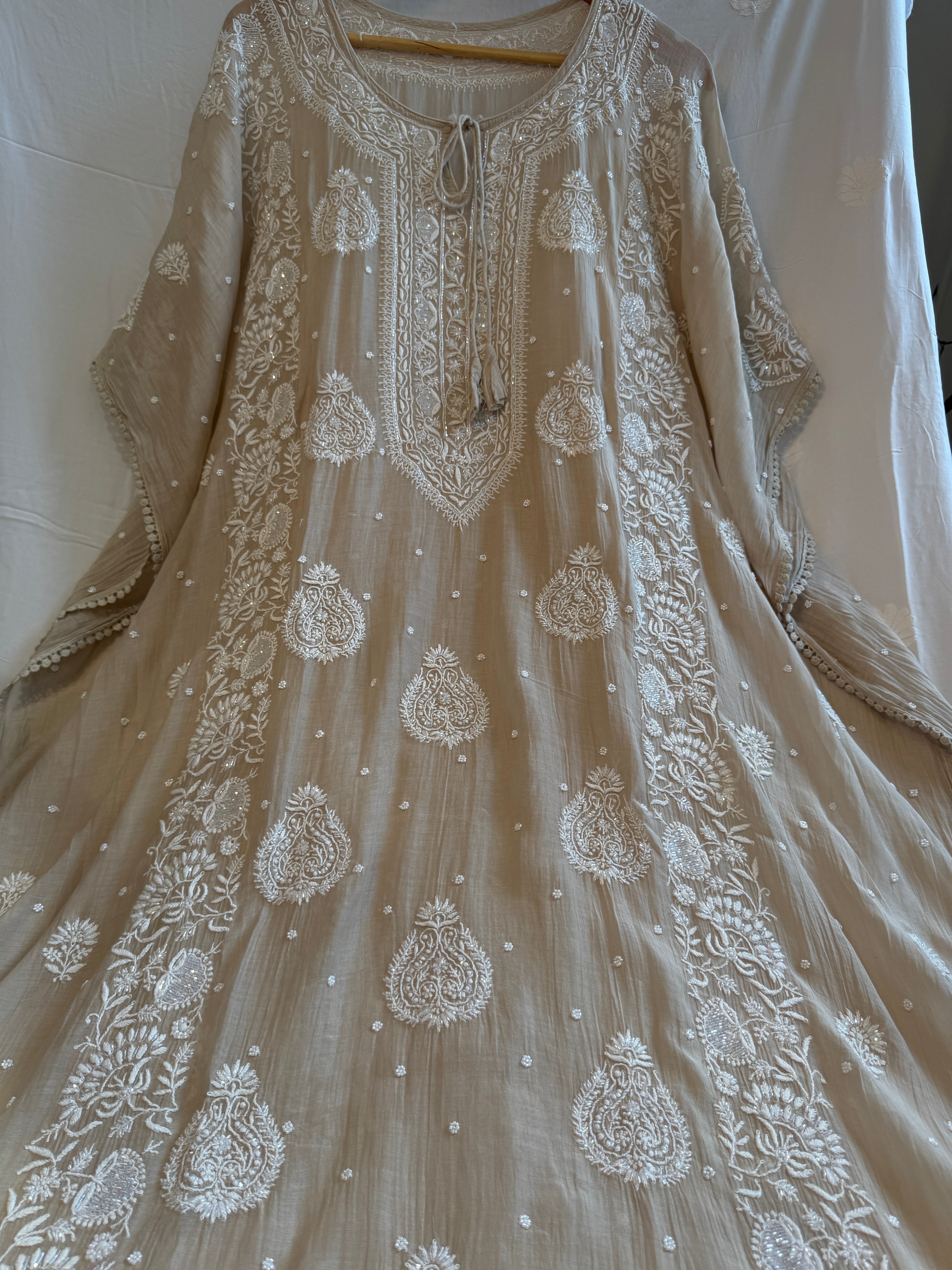 Mul Chanderi Chikankari Kaftan - Beige ARIAA CHIKANKARI