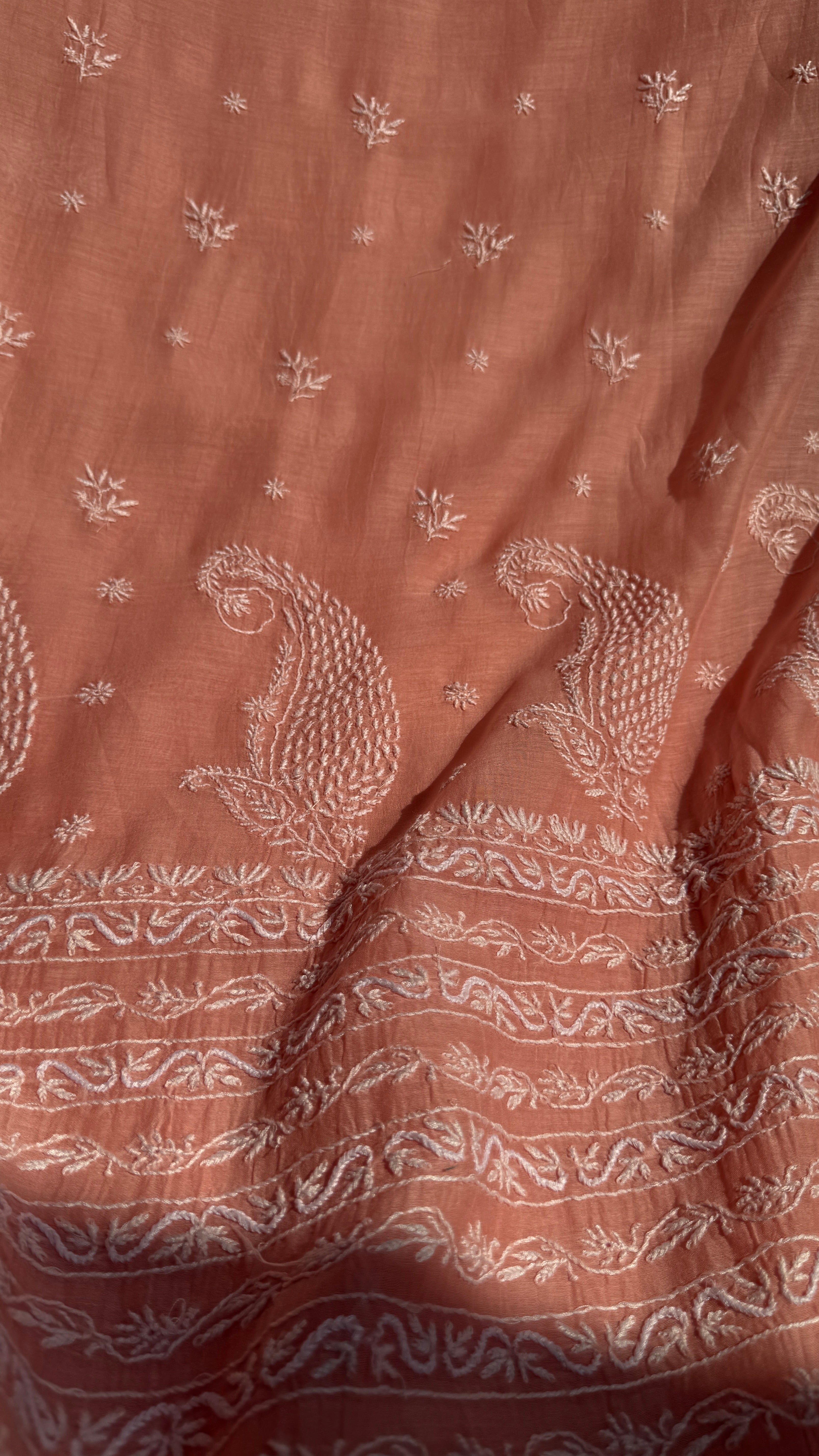 Pure Mul Chanderi Chikankari saree in Peach