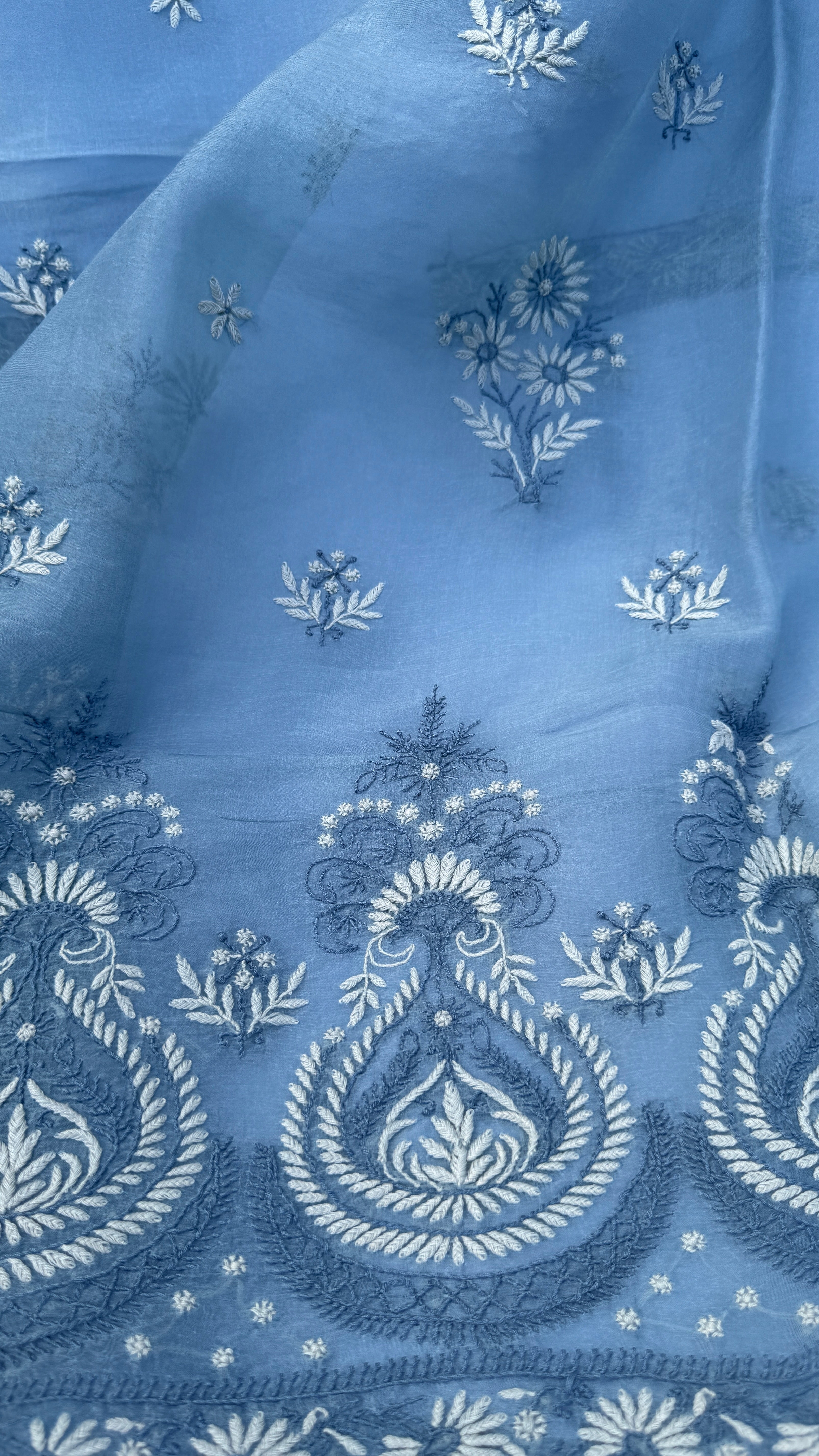 Pure Organza Lucknow Chikankari Unstitched Suit Set - Grey multi-color