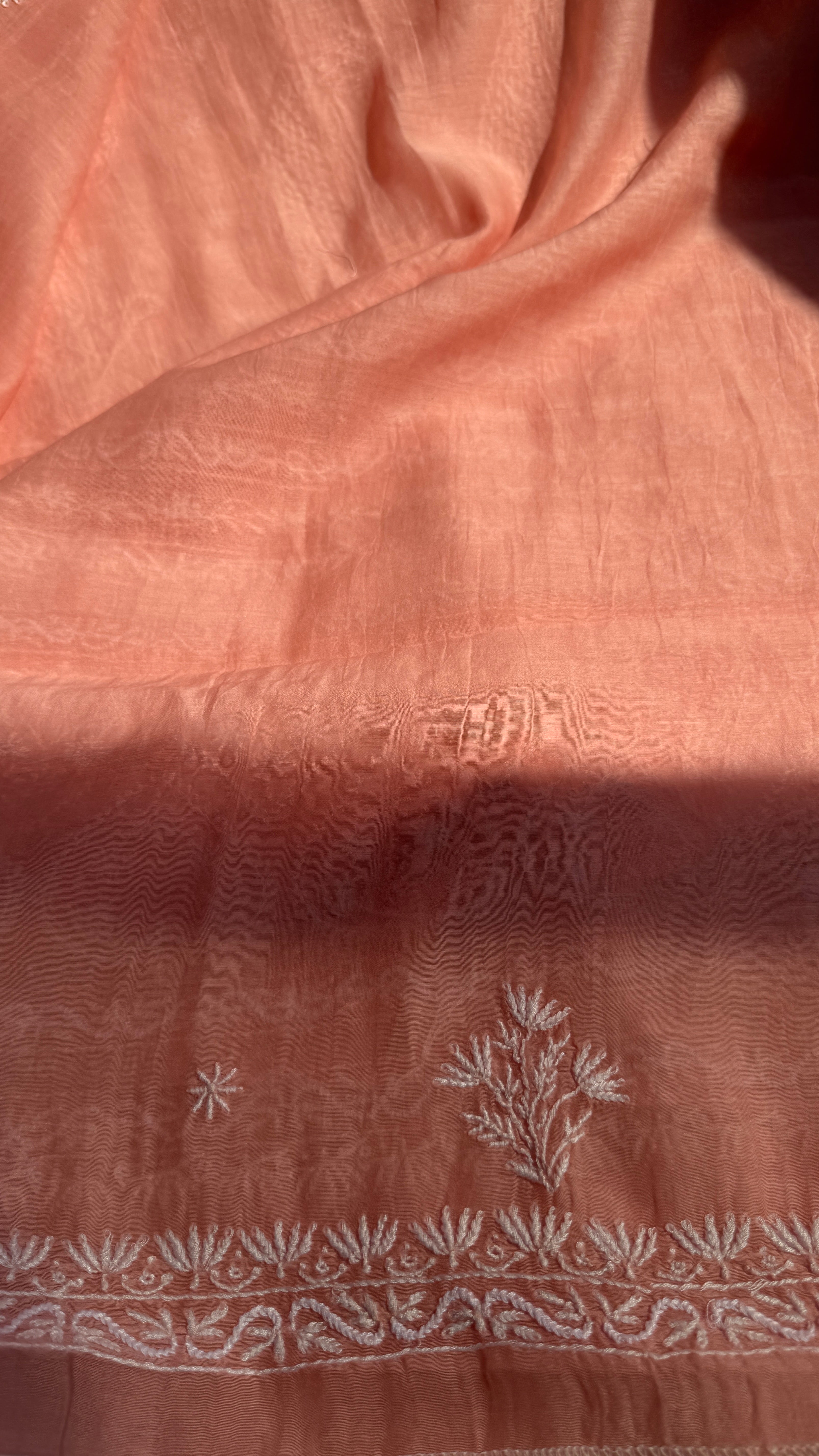 Pure Mul Chanderi Chikankari saree in Peach