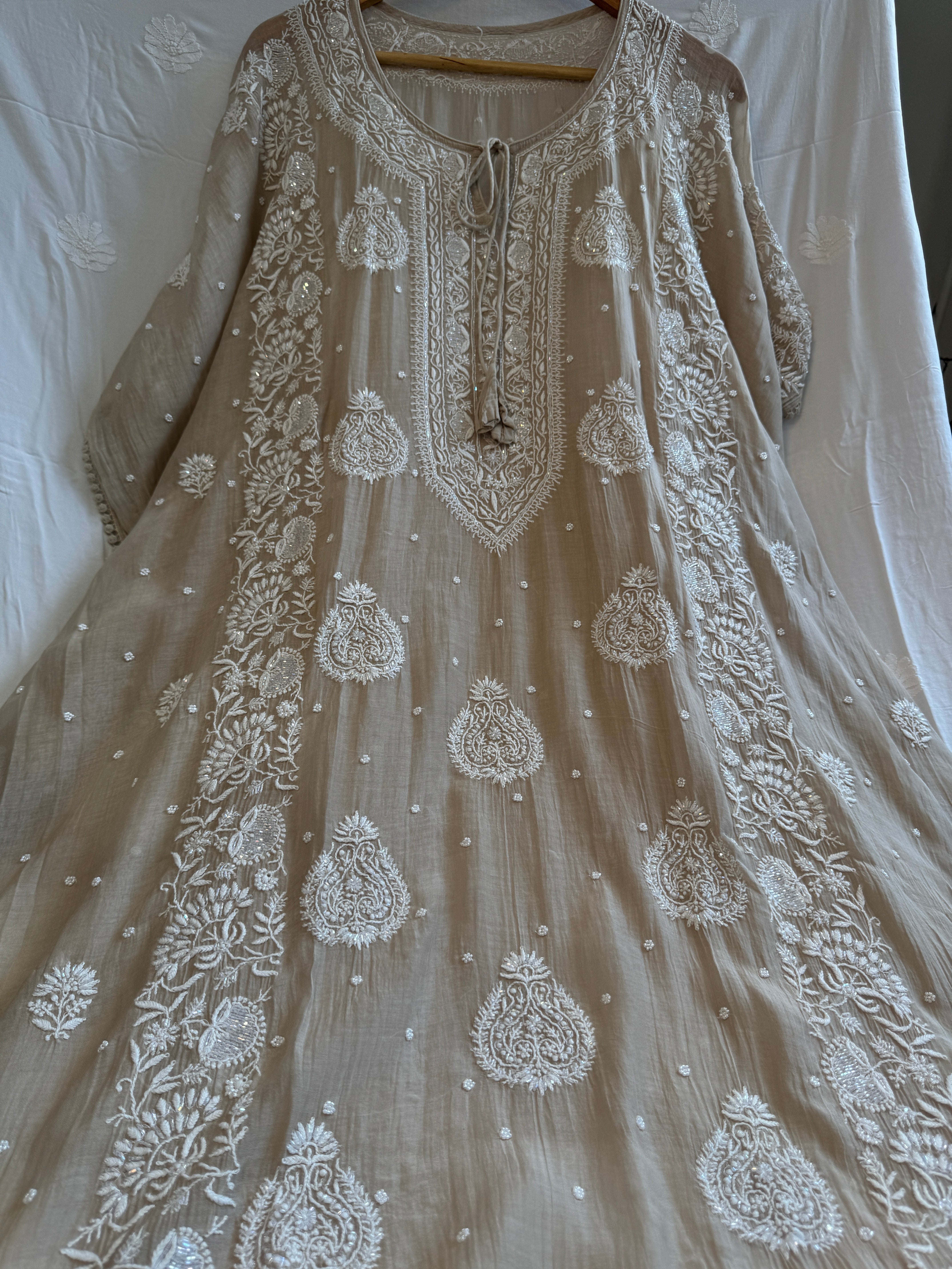 Mul Chanderi Chikankari Kaftan - Beige ARIAA CHIKANKARI