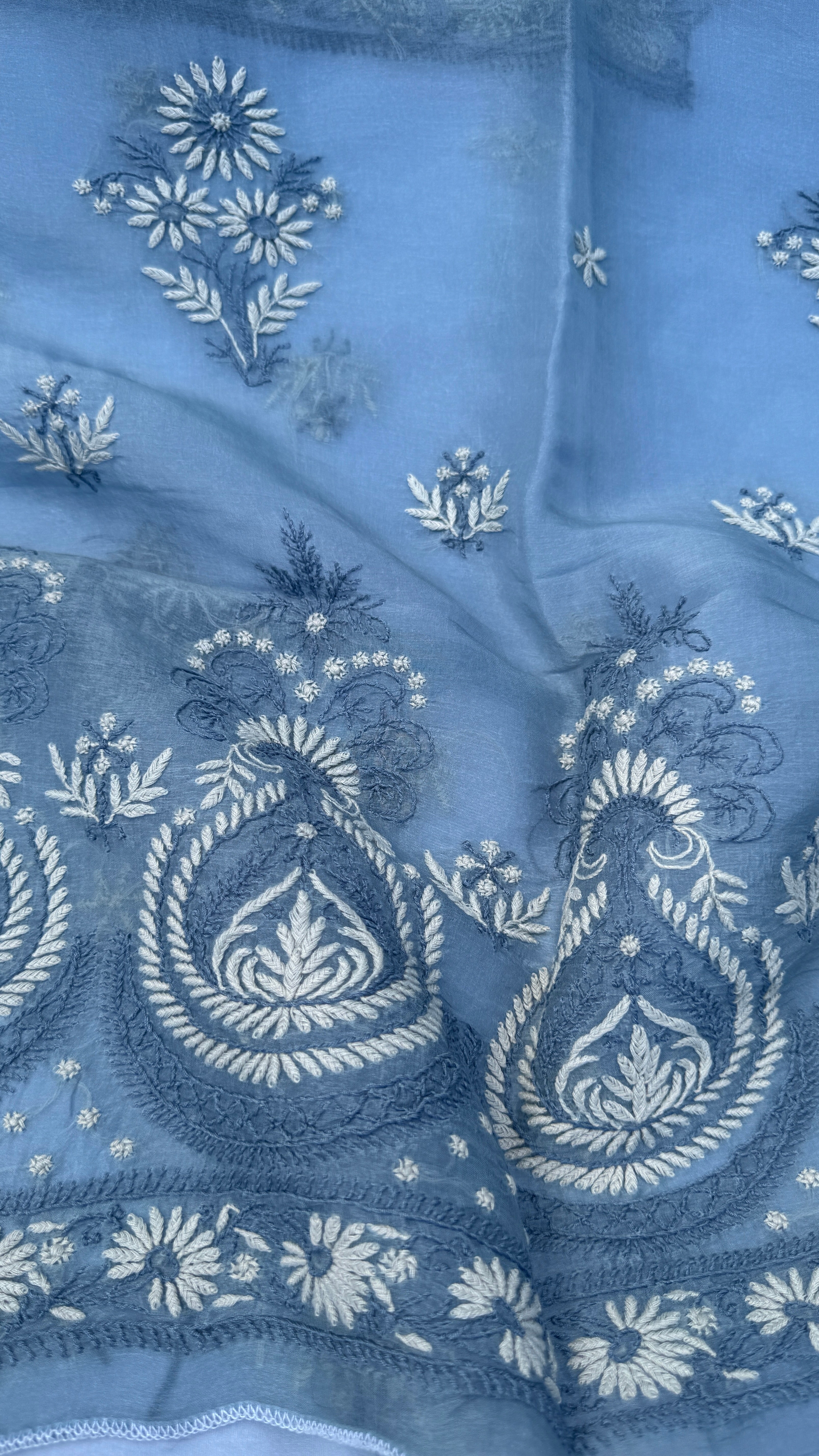 Pure Organza Lucknow Chikankari Unstitched Suit Set - Grey multi-color