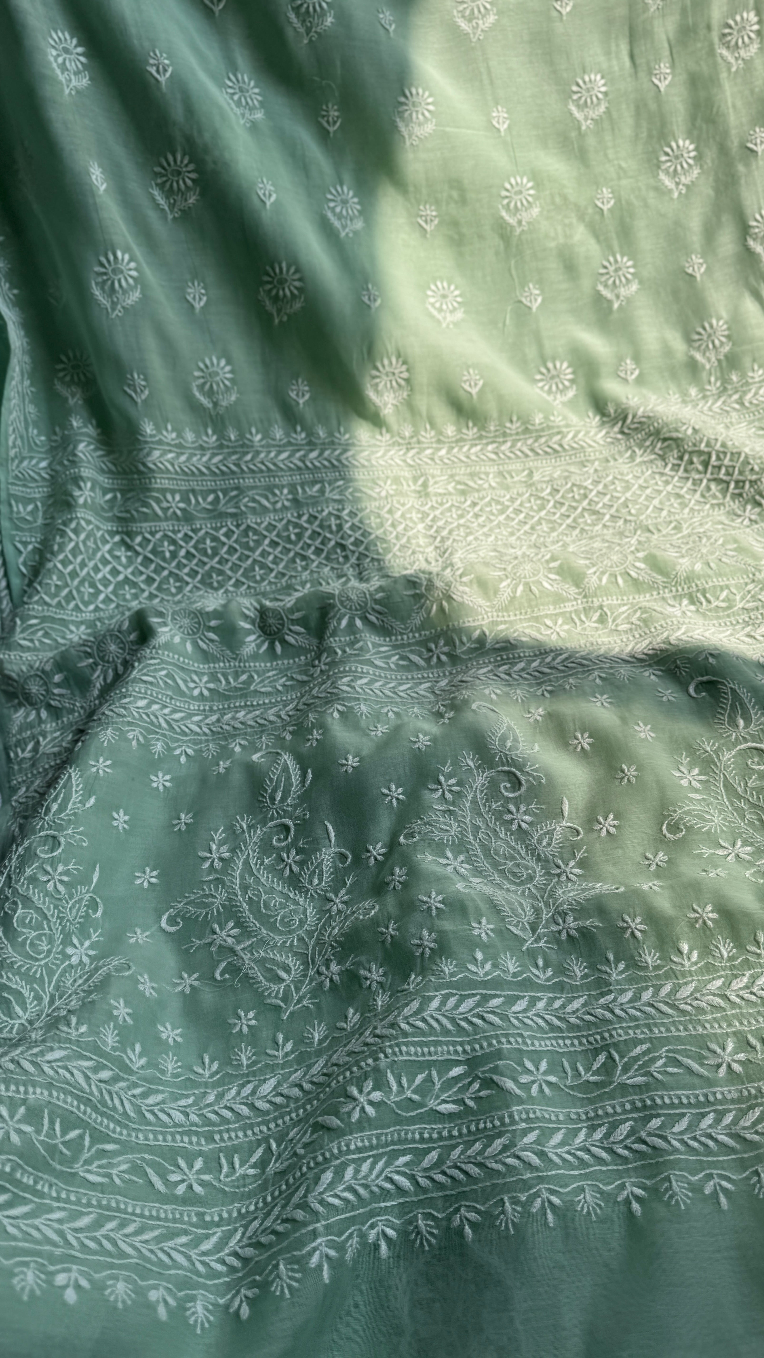 Pure Mul Chanderi Chikankari saree in Green