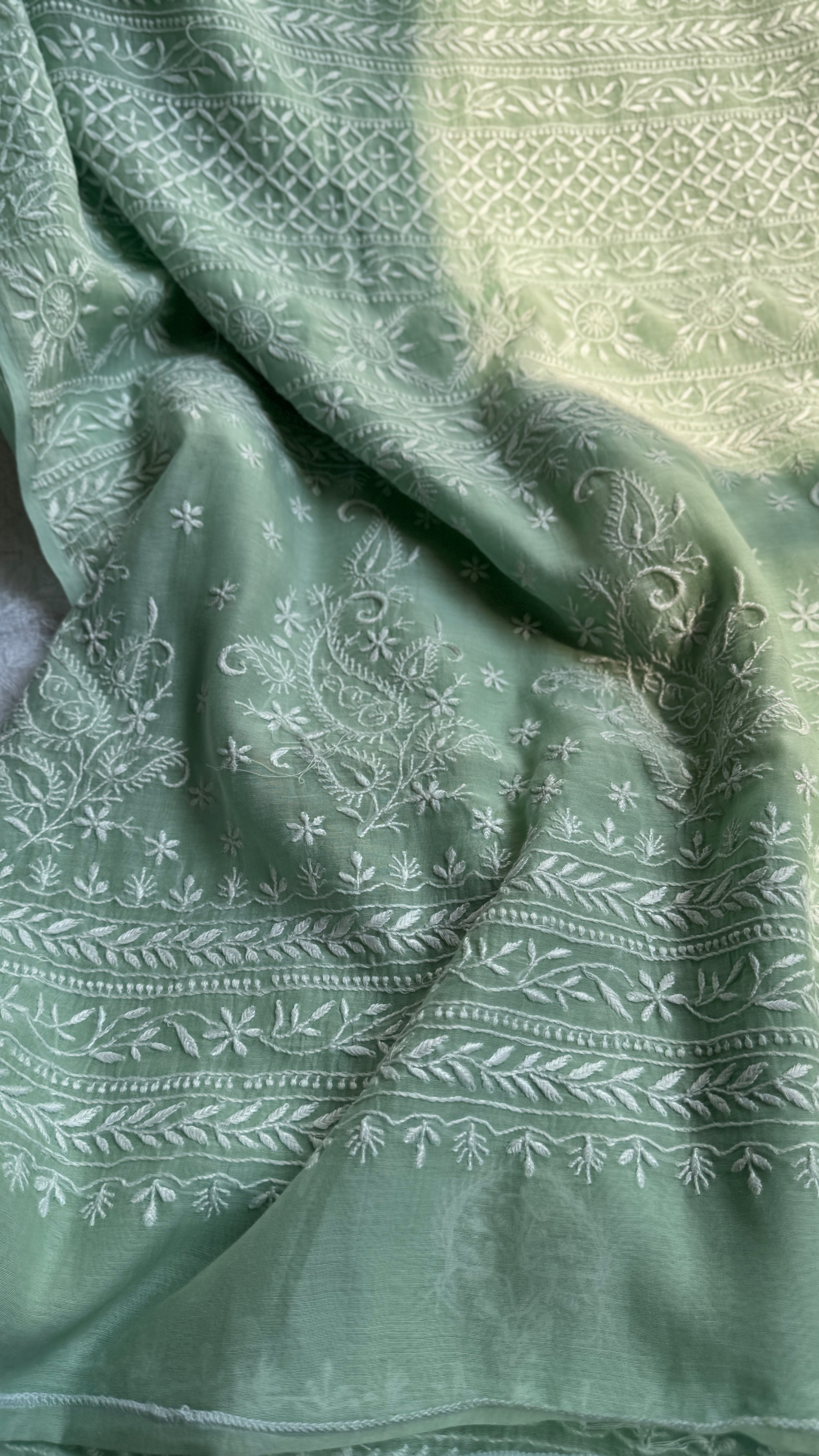 Pure Mul Chanderi Chikankari saree in Green