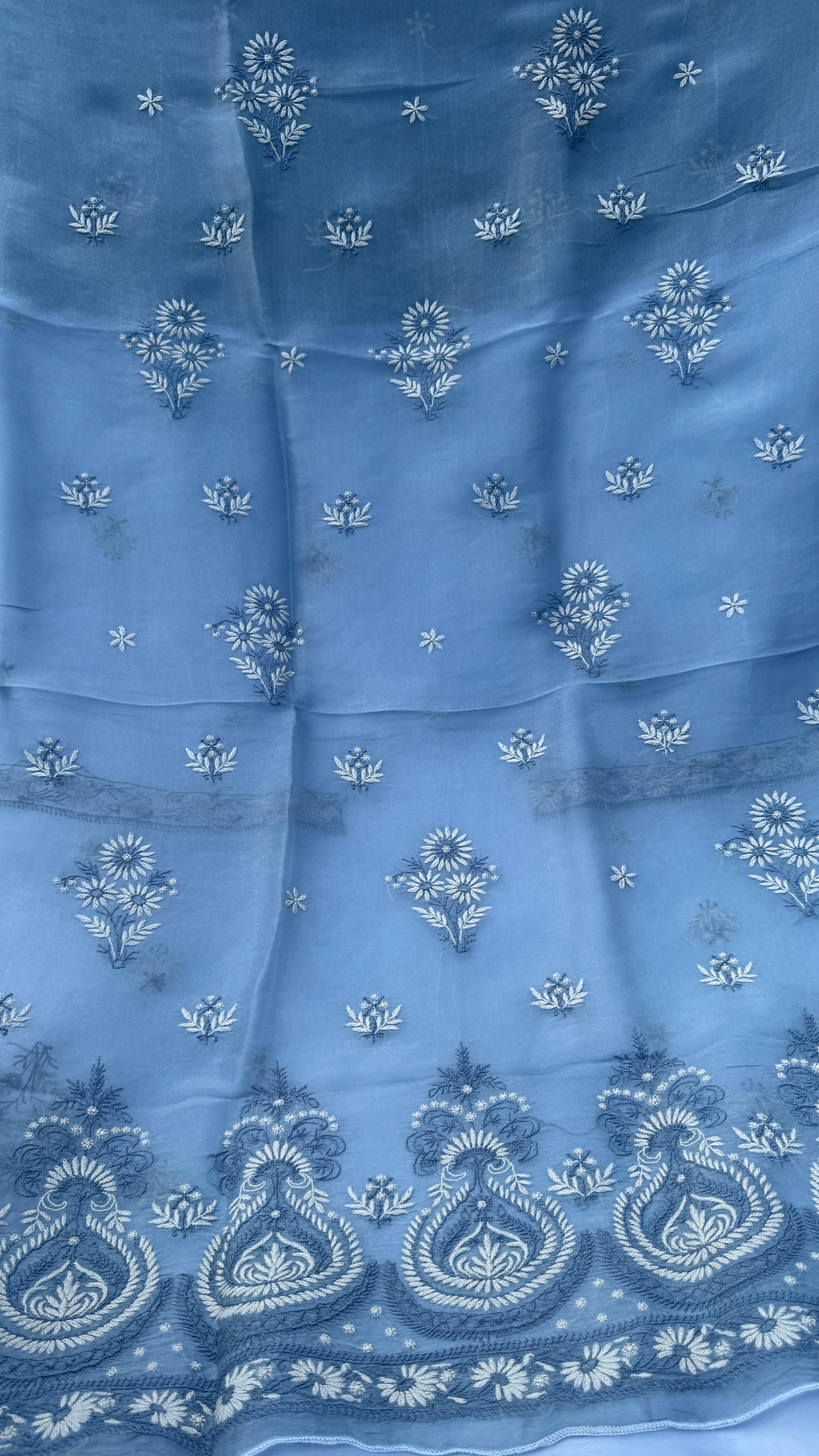 Pure Organza Lucknow Chikankari Unstitched Suit Set - Grey multi-color