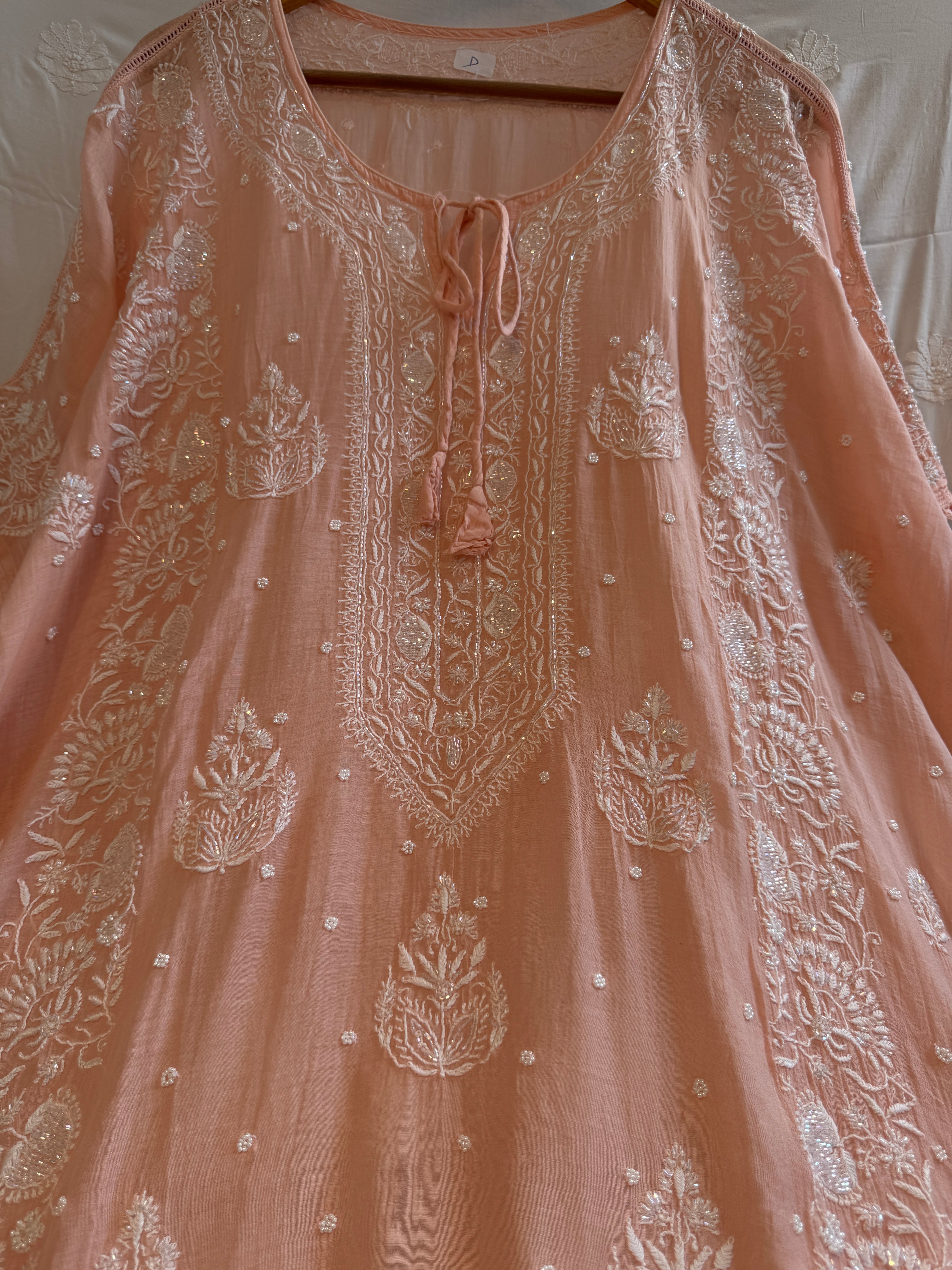 Mul Chanderi Chikankari Kaftan - Peach