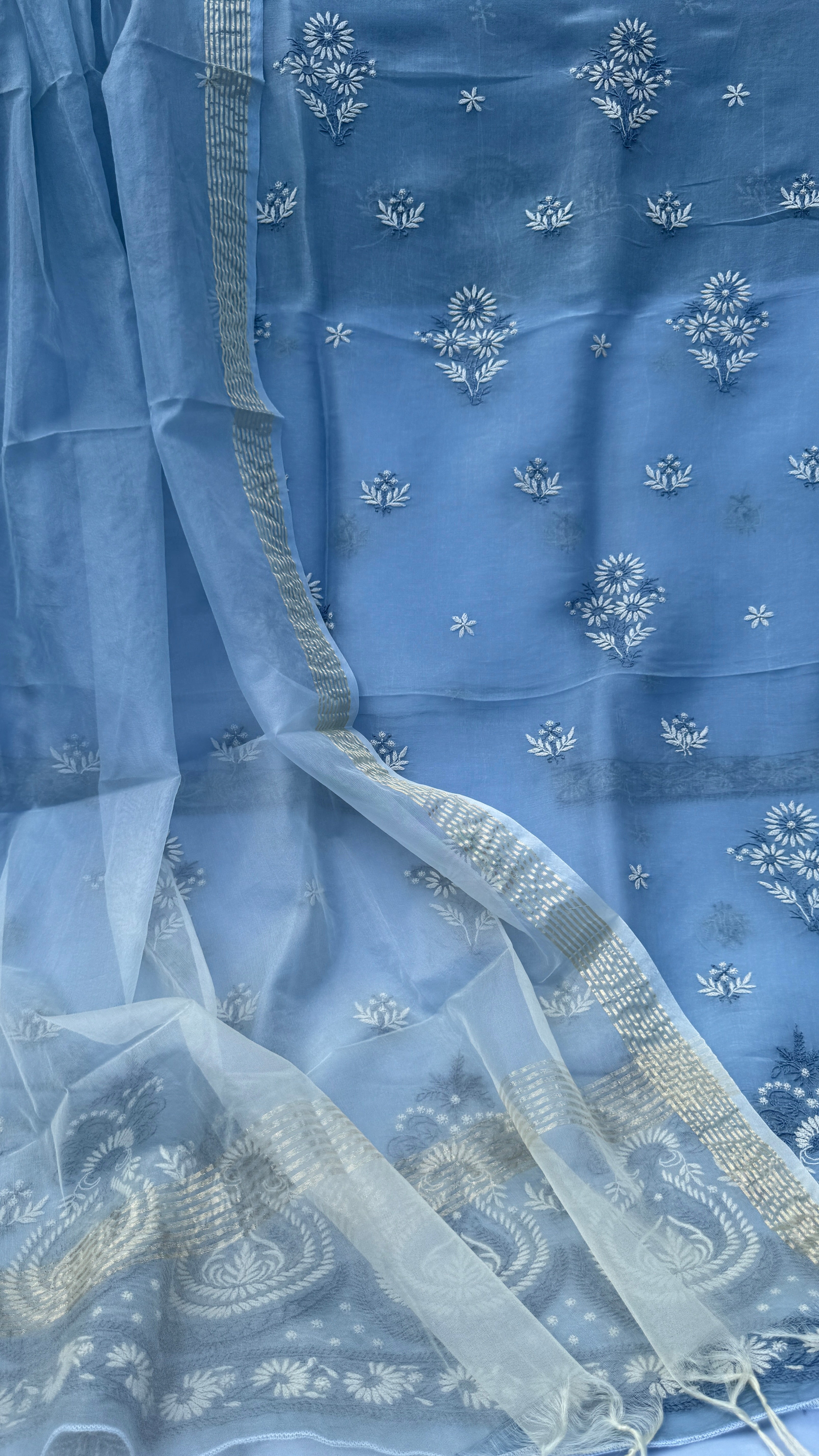 Pure Organza Lucknow Chikankari Unstitched Suit Set - Grey multi-color