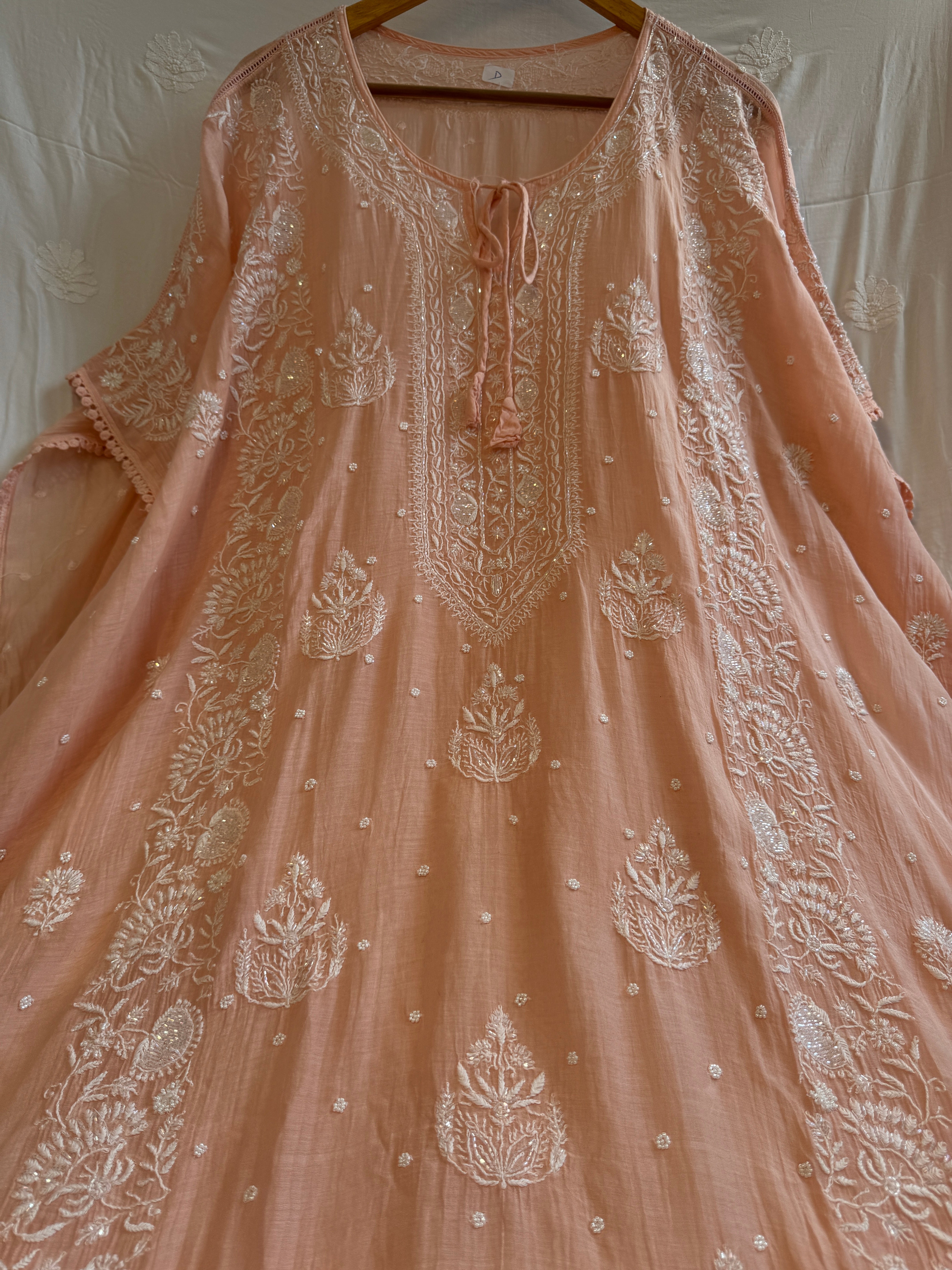 Mul Chanderi Chikankari Kaftan - Peach